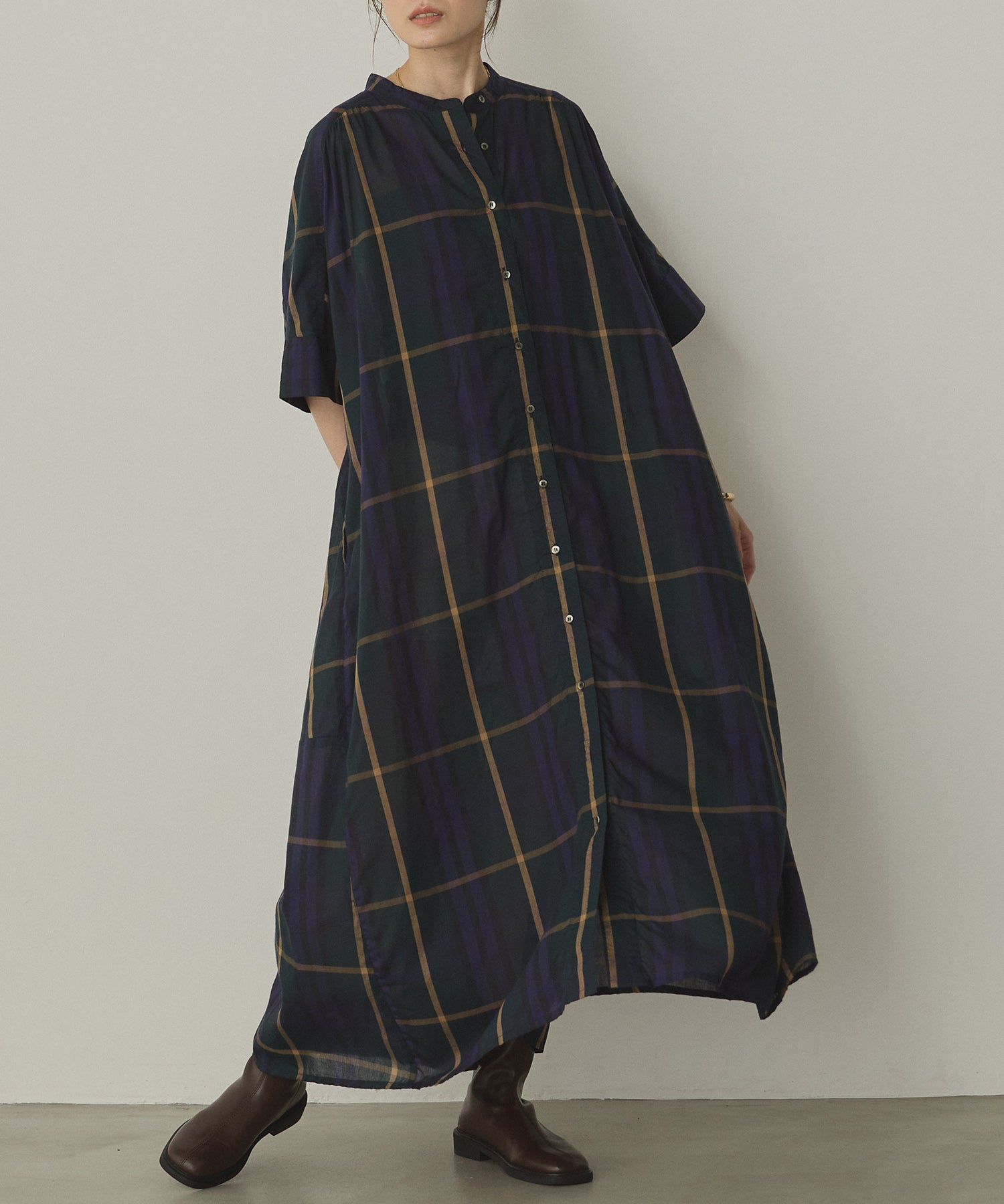 ノイア Noia バンドカラー チェックシャツワンピース （ネイビー） ネイビー