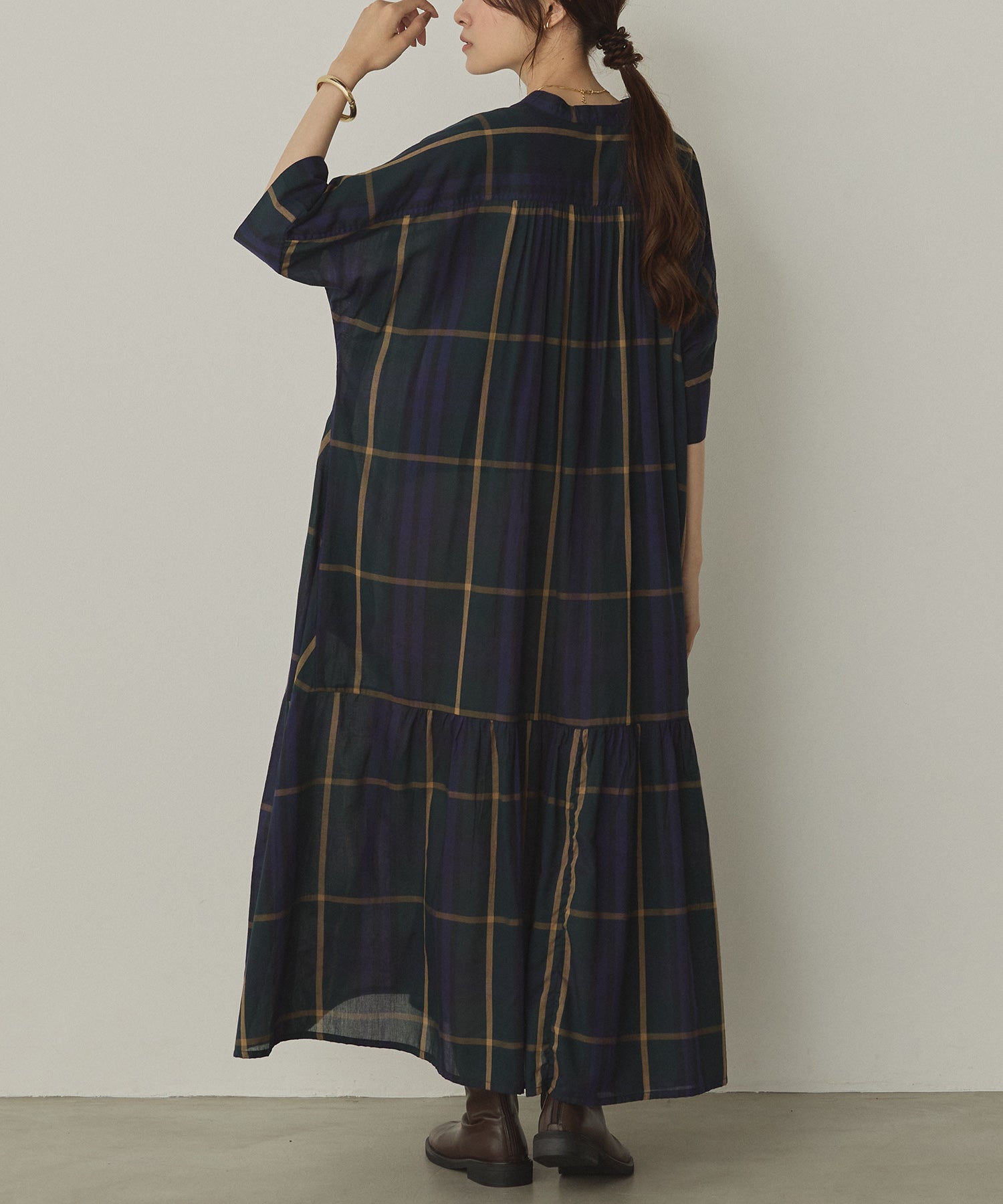 ノイア Noia バンドカラー チェックシャツワンピース （ネイビー） ネイビー