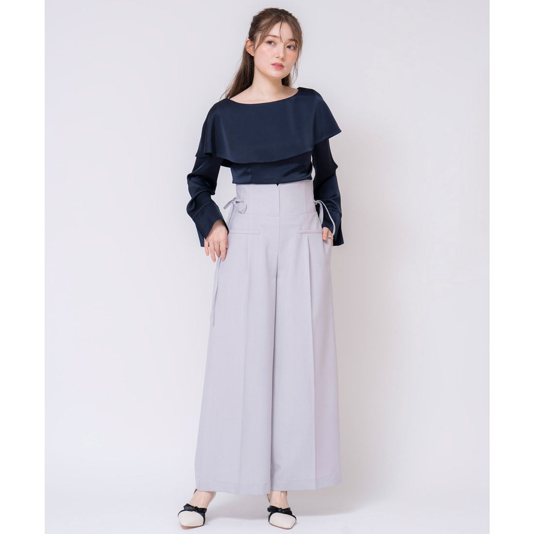 ノエラ NOELA サイドリボンワイドパンツ （グレー） グレー