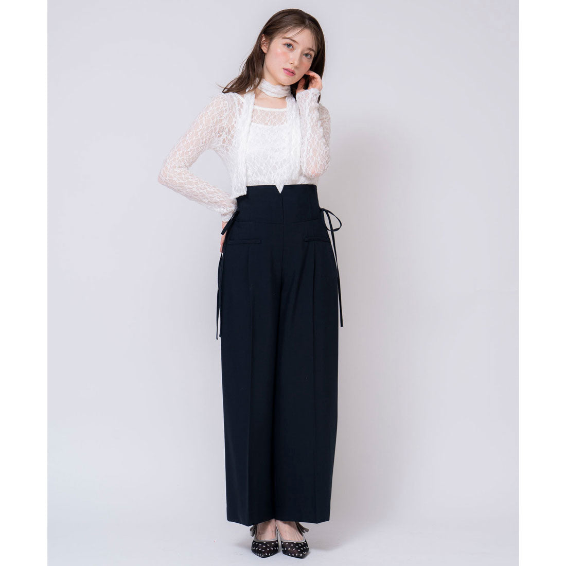 ノエラ NOELA サイドリボンワイドパンツ （ネイビー） ネイビー