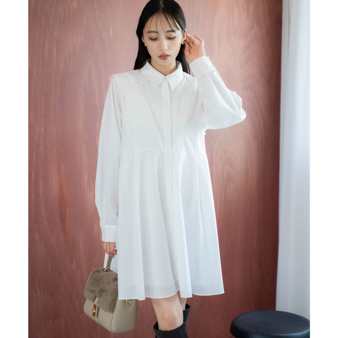 ノエラ NOELA エンブロイダリーミニシャツワンピース （オフホワイト） オフホワイト