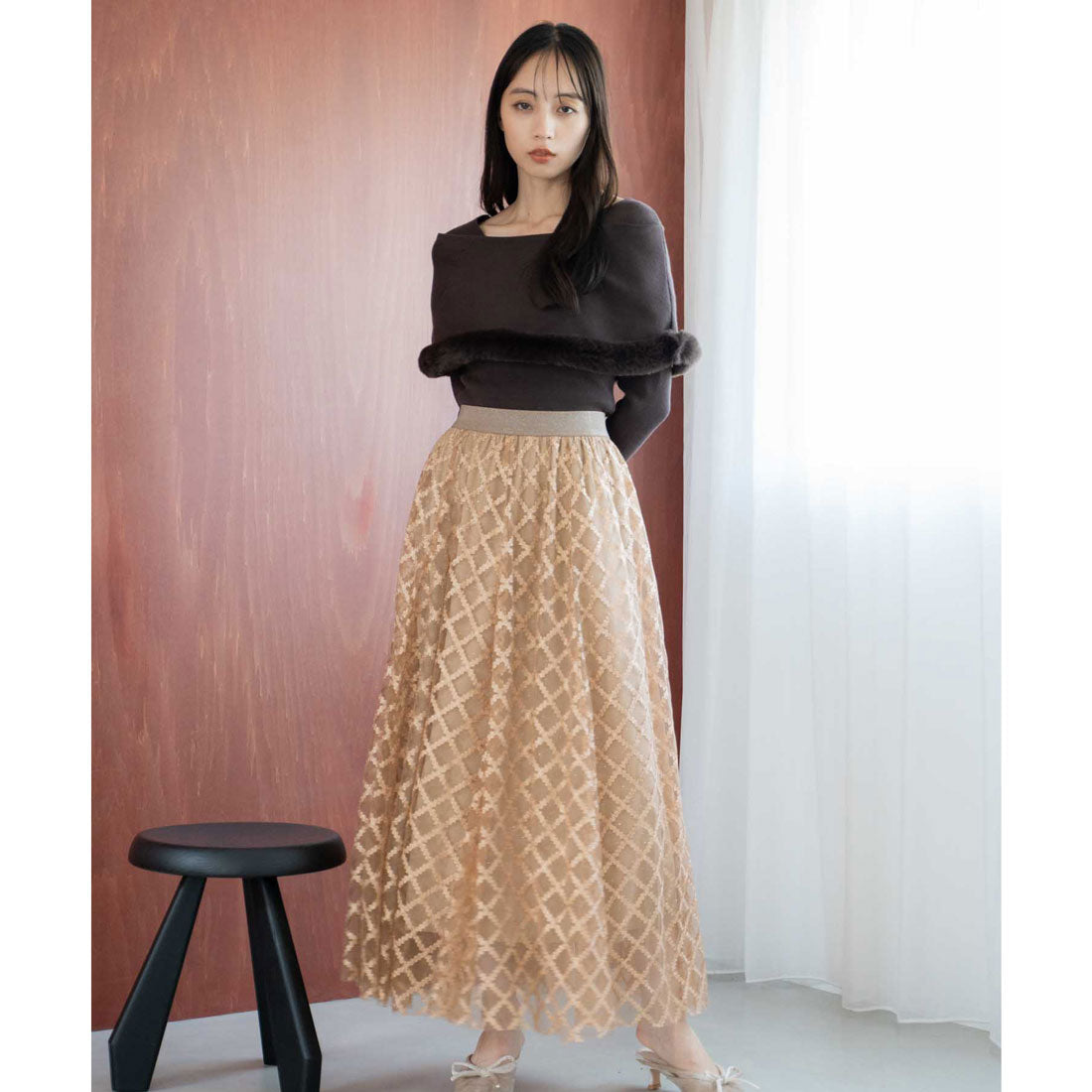 ノエラ NOELA チェックチュールスタッズスカート （キャメル） キャメル