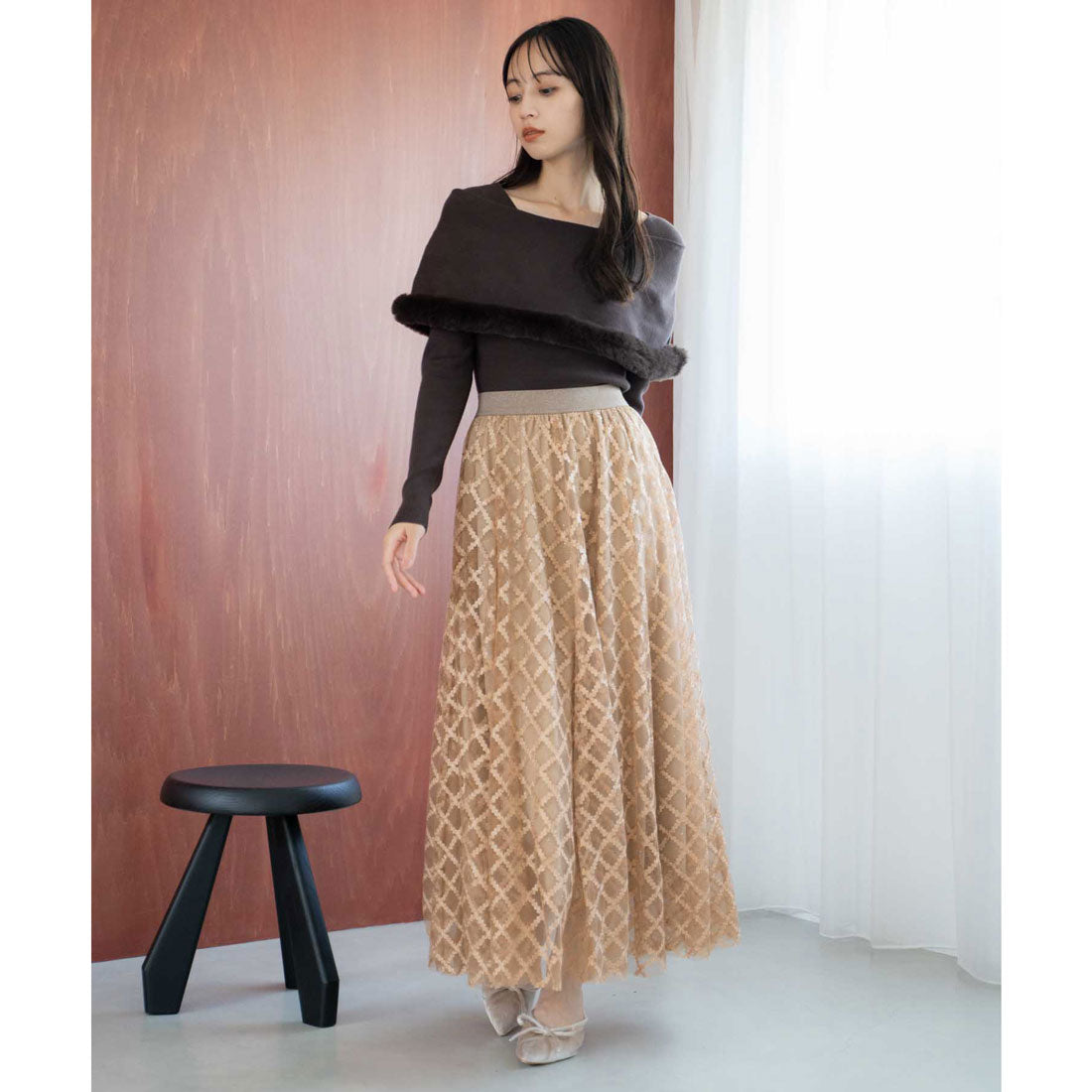 ノエラ NOELA チェックチュールスタッズスカート （キャメル） キャメル