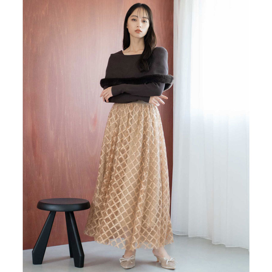 ノエラ NOELA チェックチュールスタッズスカート （キャメル） キャメル