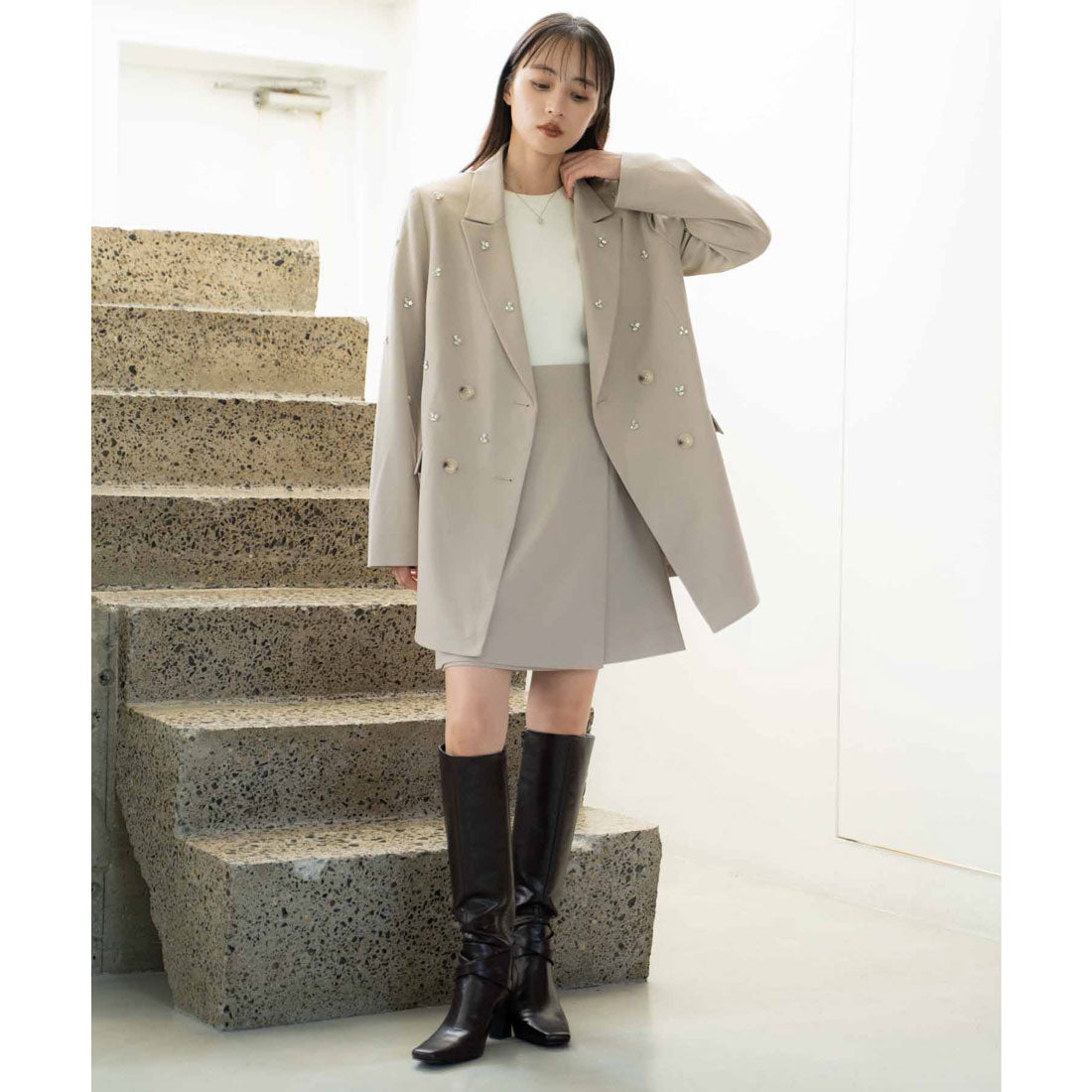 ノエラ NOELA ビジューダブルジャケット （ベージュ） ベージュ