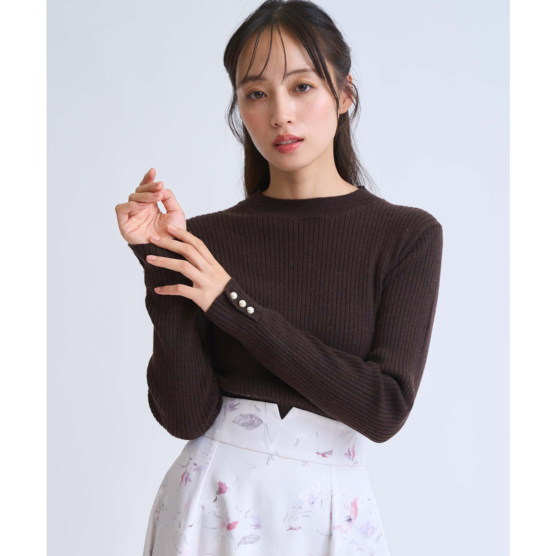 ノエラ Noela 袖パールリブニット （チャ） チャ