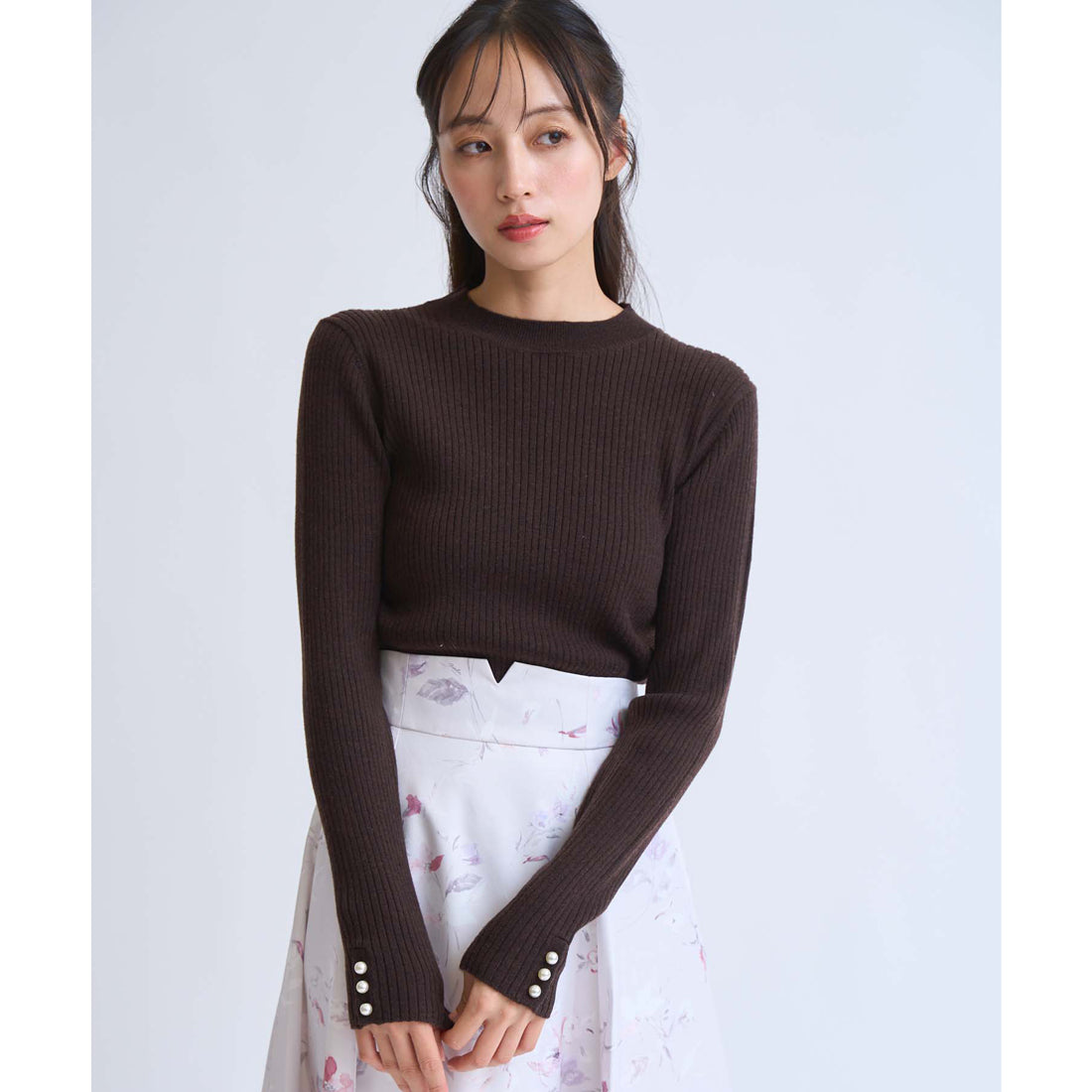 ノエラ Noela 袖パールリブニット （チャ） チャ