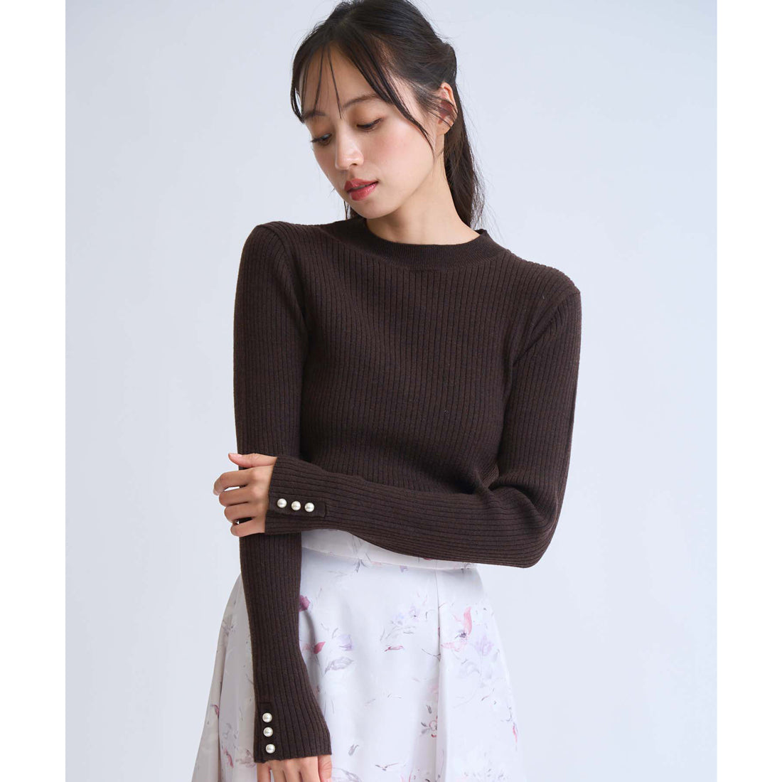 ノエラ Noela 袖パールリブニット （チャ） チャ