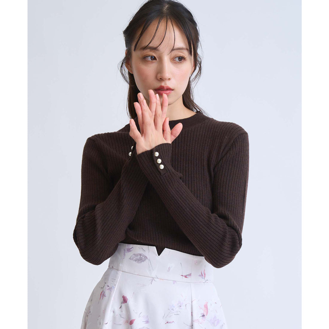 ノエラ Noela 袖パールリブニット （チャ） チャ