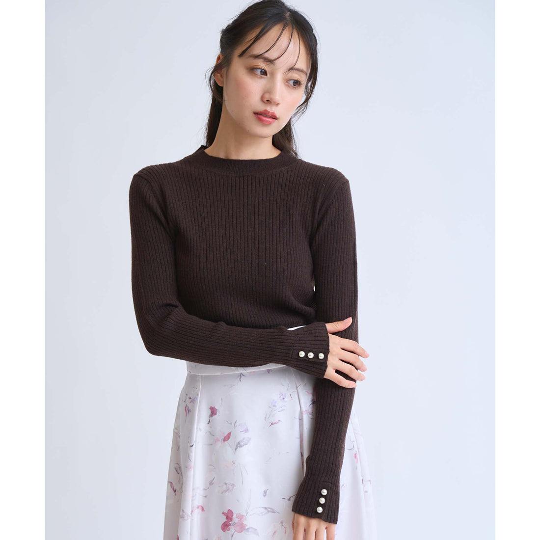 ノエラ Noela 袖パールリブニット （チャ） チャ