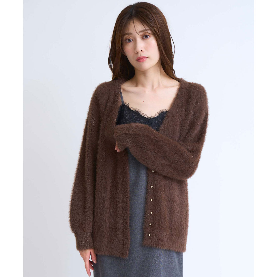 ノエラ NOELA  フェザーラメ柄編みカーディガン （チャ） チャ