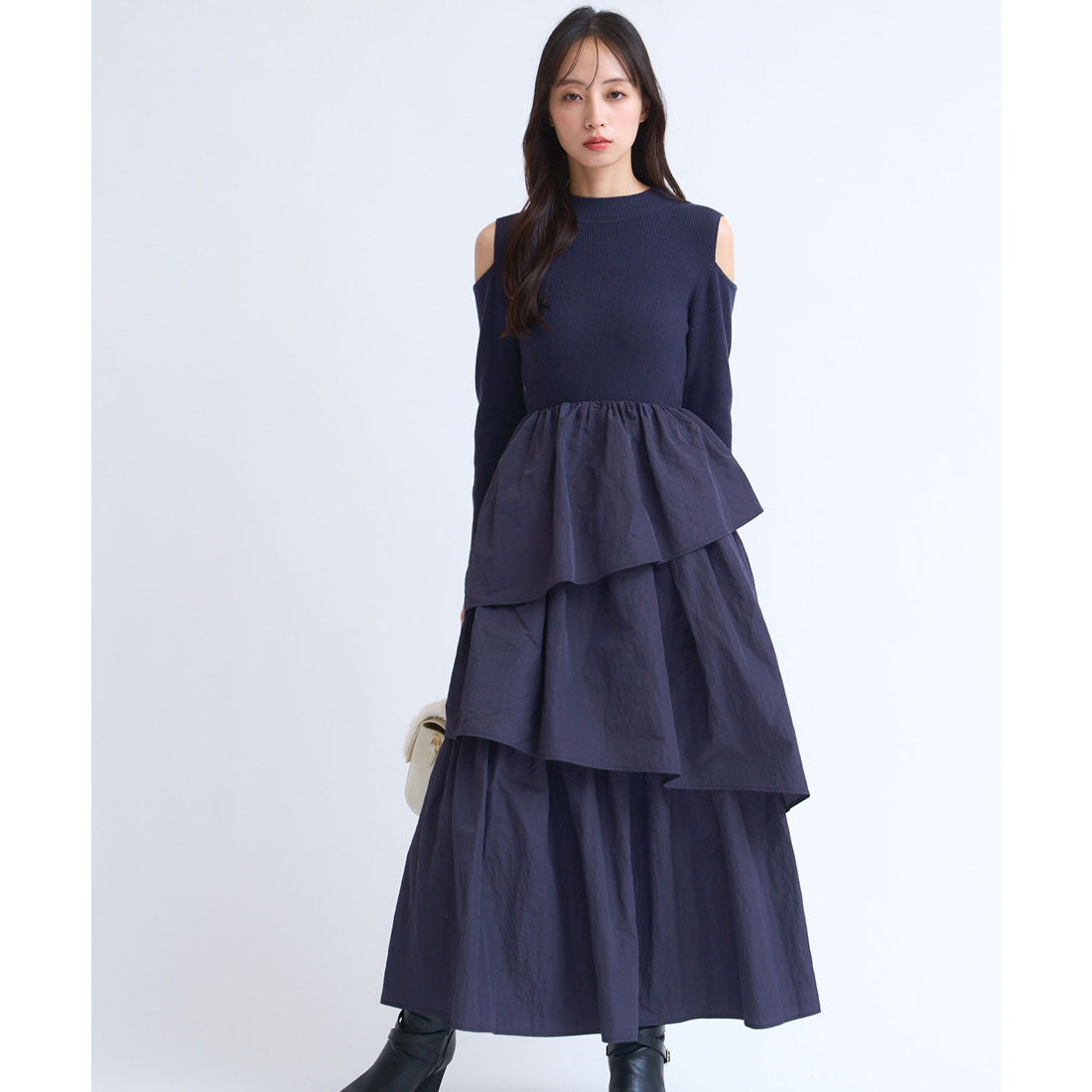 ノエラ NOELA  ティアードフリルドッキングワンピース （ネイビー） ネイビー