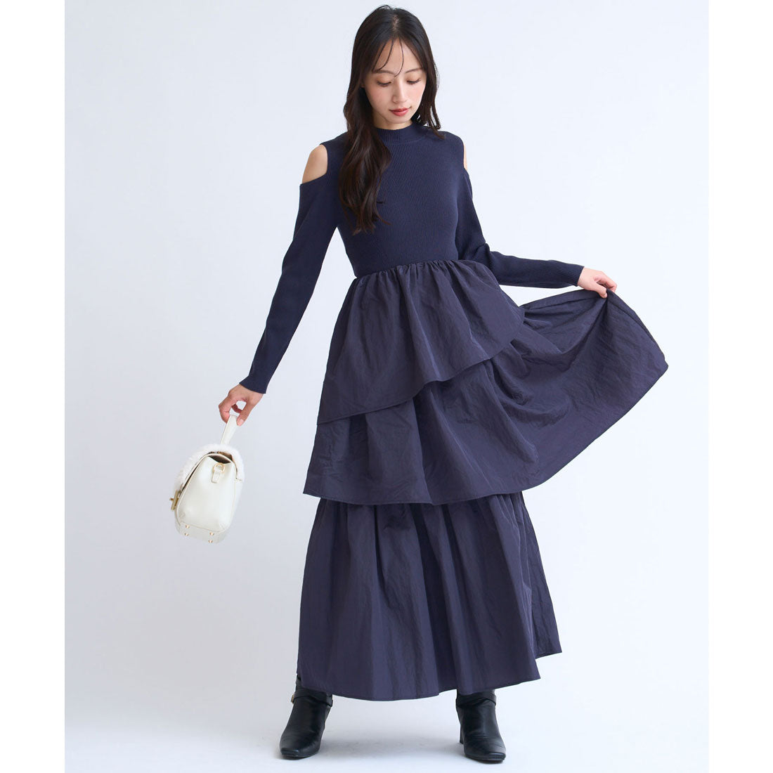 ノエラ NOELA  ティアードフリルドッキングワンピース （ネイビー） ネイビー