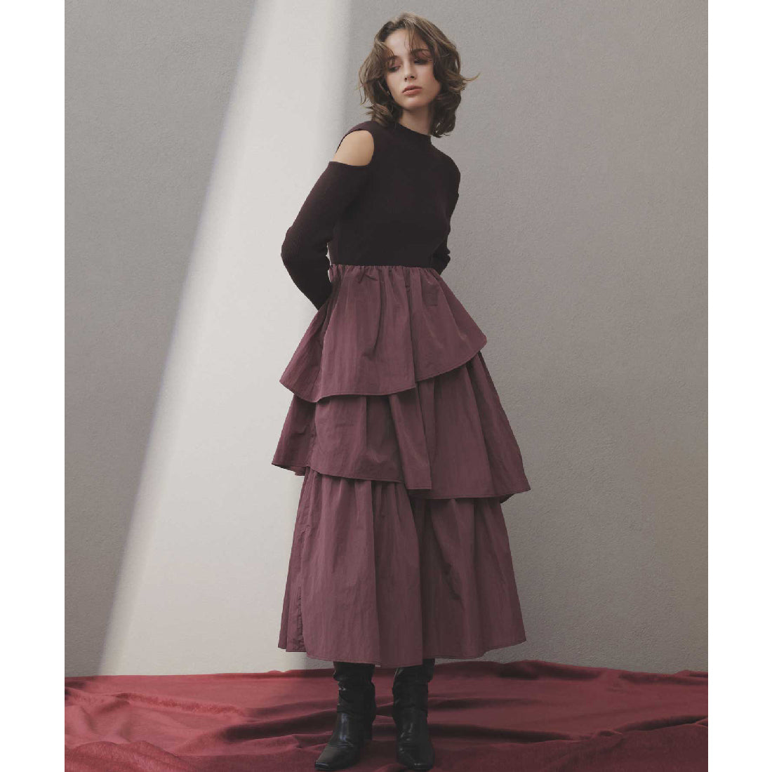 ノエラ NOELA  ティアードフリルドッキングワンピース （ボルドー） ボルドー