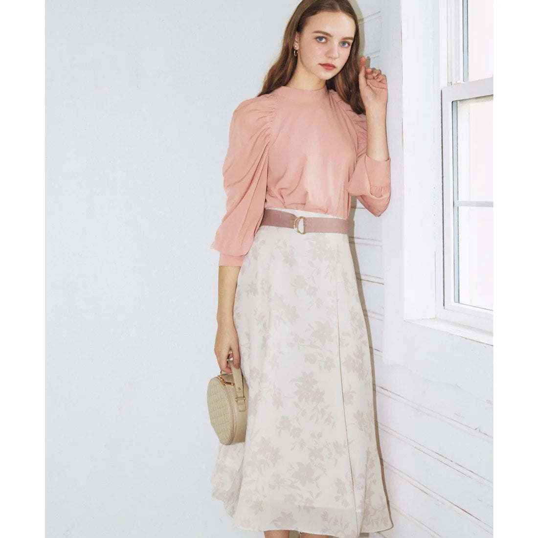 ノエラ Noela 単色花柄フレアスカート,ベージュ