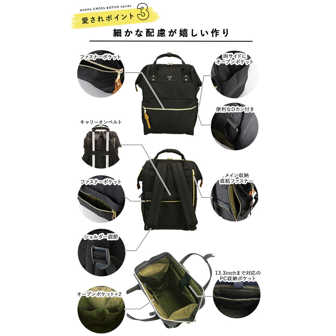 バックヤードファミリー BACKYARD FAMILY anello アネロ クロスボトル撥水口金リュックR ATB0193R （HOL.Hオリーブ） HOL.Hオリーブ