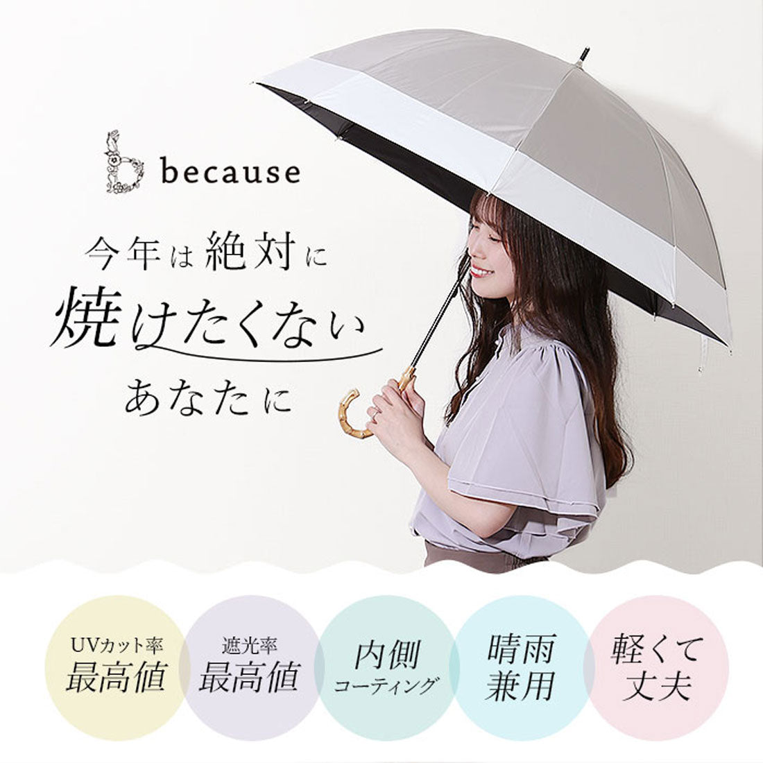バックヤードファミリー BACKYARD FAMILY because ビコーズ PUコーティング 晴雨兼用 長傘 ラージ （グログラン/ホワイト） グログラン/ホワイト