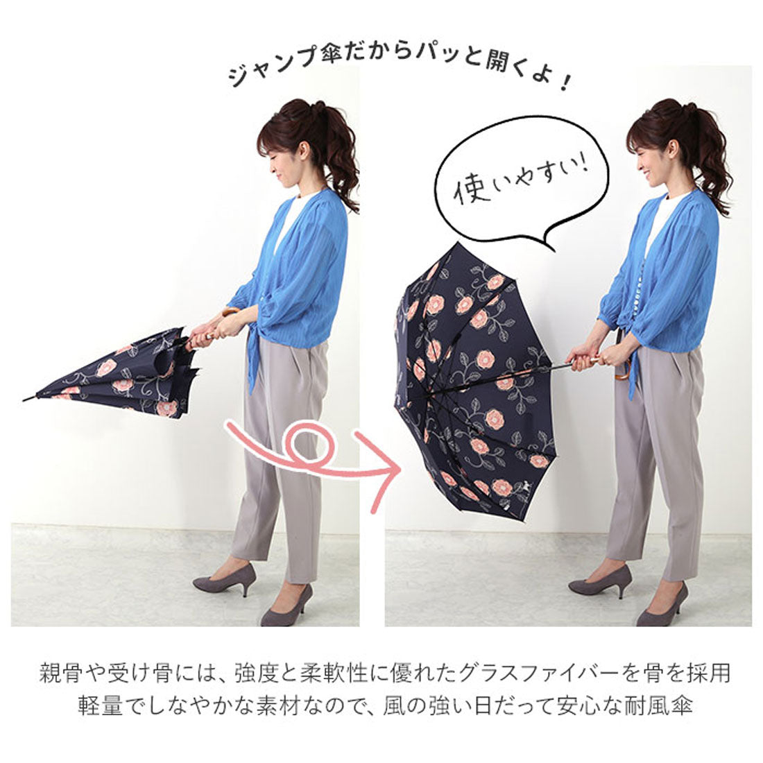 バックヤードファミリー BACKYARD FAMILY 60BJ 耐風 グラスファイバー ジャンプ傘 60cm （小花と猫/オフホワイト） 小花と猫/オフホワイト