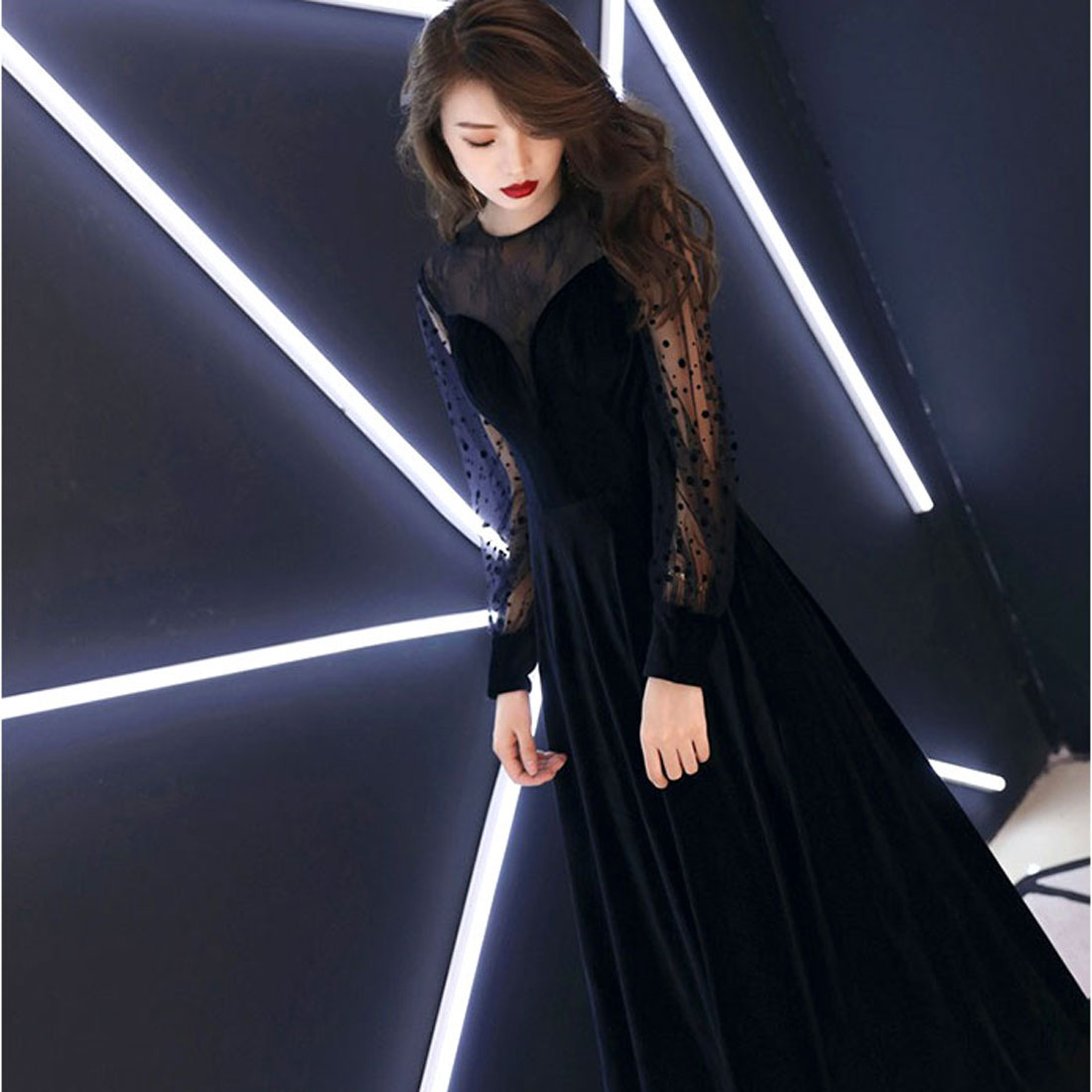 バックヤードファミリー BACKYARD FAMILY パーティドレス シースルー袖 ロング （ブラック） ブラック