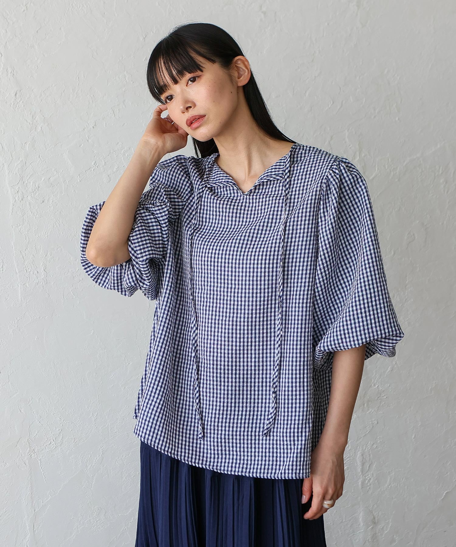 ノールール ノーライン No Rule No Line 2WAY ギンガムチェックバルーン袖トップス （NAVY） NAVY