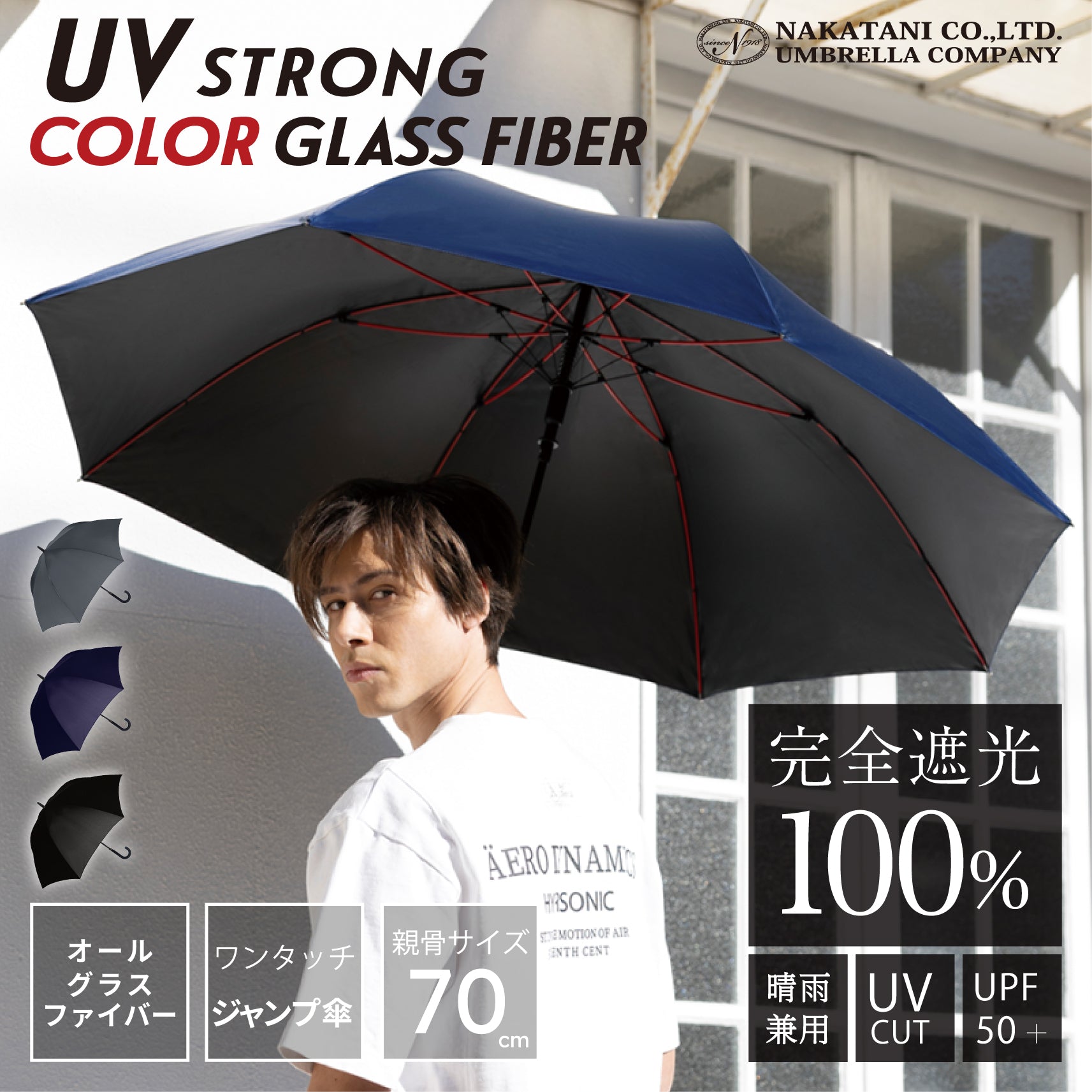 ナチュラルベーシック NaturalBasic 【高強度耐風日傘】メンズ日傘 完全遮光 長傘 遮光率100％ UV カット 遮熱 傘 カラーグラス （ネイビー） ネイビー