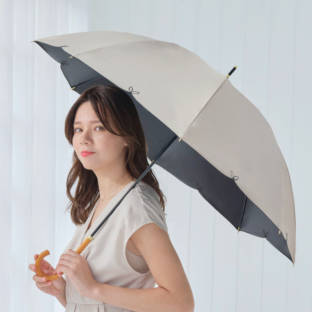 ナチュラルベーシック NaturalBasic 日傘 スカラップ刺繍 長傘 完全遮光 遮光率100％ UVカット 傘 晴雨兼用 撥水 花刺繍 （ベージュ） ベージュ