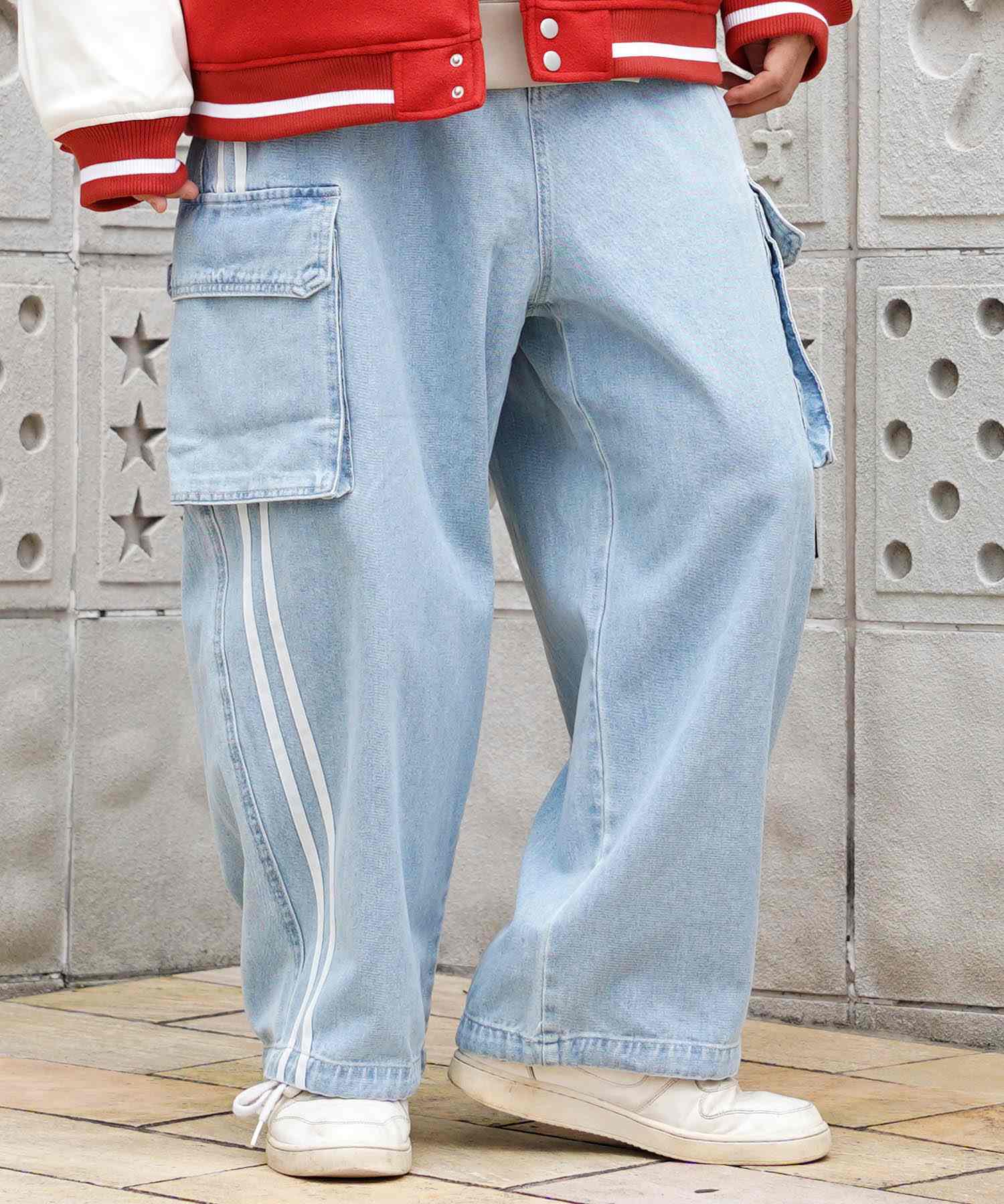 ワンフォークロージング 1111clothing ◆バルーンカーゴ ラインパンツ◆ オーバーサイズ デニム カーゴ パンツ メンズ ワイドデニム カーゴパンツ レディース ワイドパンツ カーゴデニム
