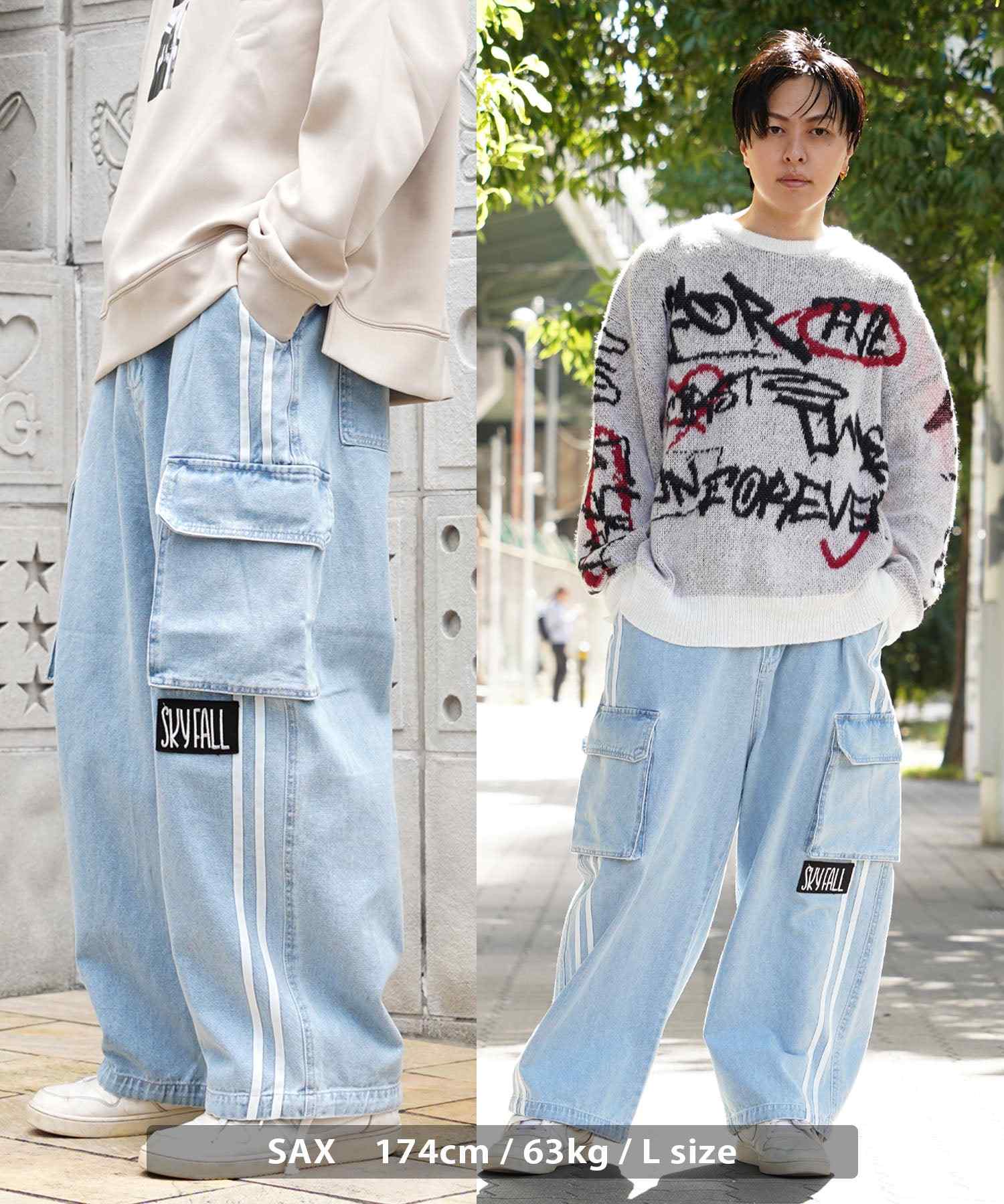 ワンフォークロージング 1111clothing ◆バルーンカーゴ ラインパンツ◆ オーバーサイズ デニム カーゴ パンツ メンズ ワイドデニム カーゴパンツ レディース ワイドパンツ カーゴデニム