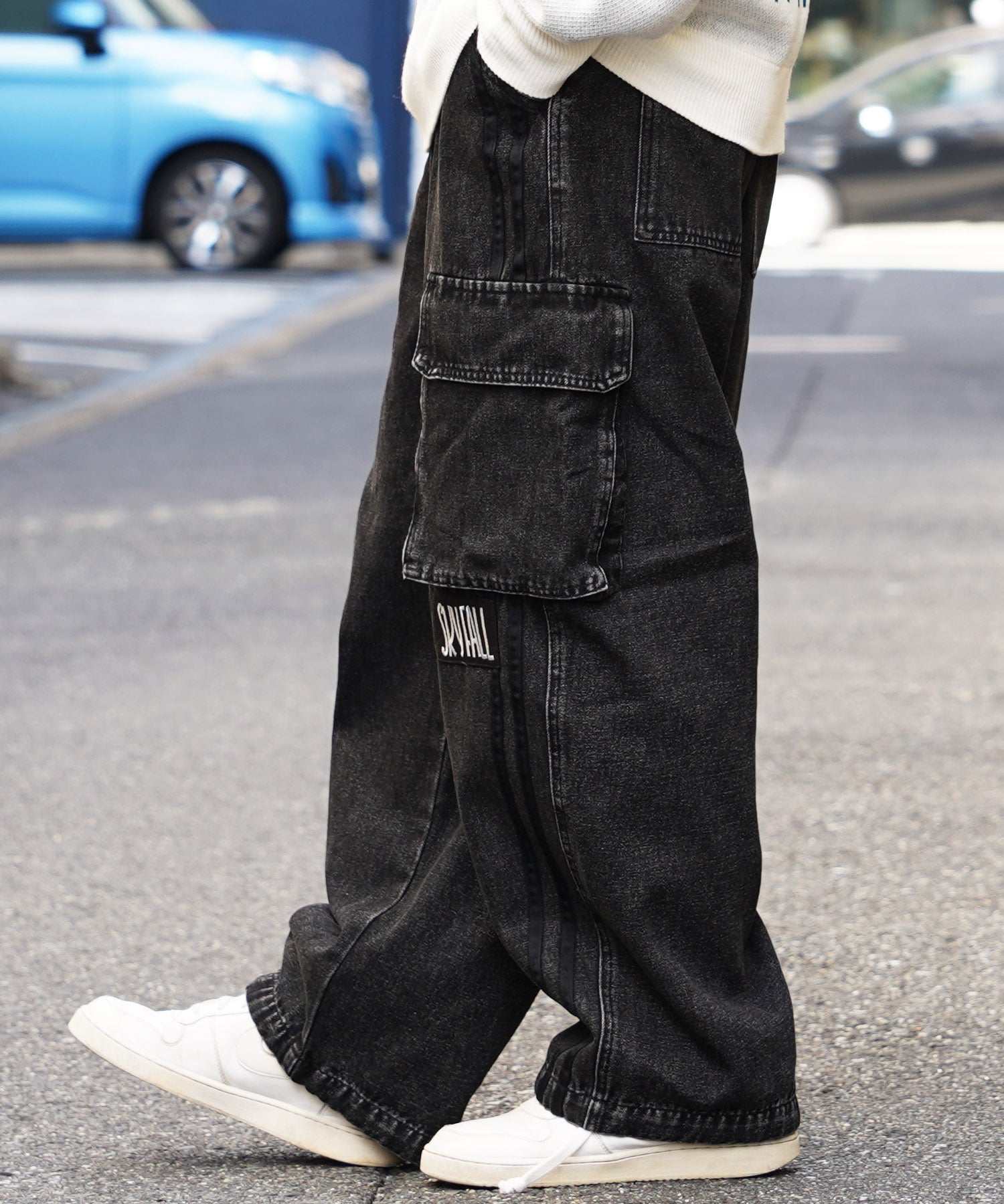 ワンフォークロージング 1111clothing ◆バルーンカーゴ ラインパンツ◆ オーバーサイズ デニム カーゴ パンツ メンズ ワイドデニム カーゴパンツ レディース ワイドパンツ カーゴデニム,BLACK CHEMICAL