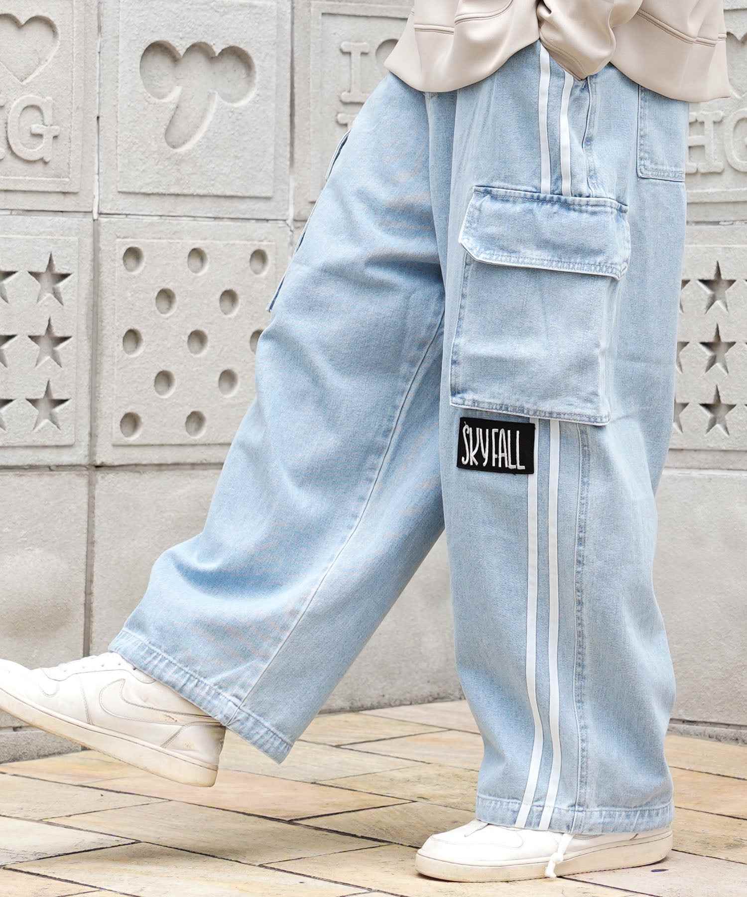 ワンフォークロージング 1111clothing ◆バルーンカーゴ ラインパンツ◆ オーバーサイズ デニム カーゴ パンツ メンズ ワイドデニム カーゴパンツ レディース ワイドパンツ カーゴデニム,SAX