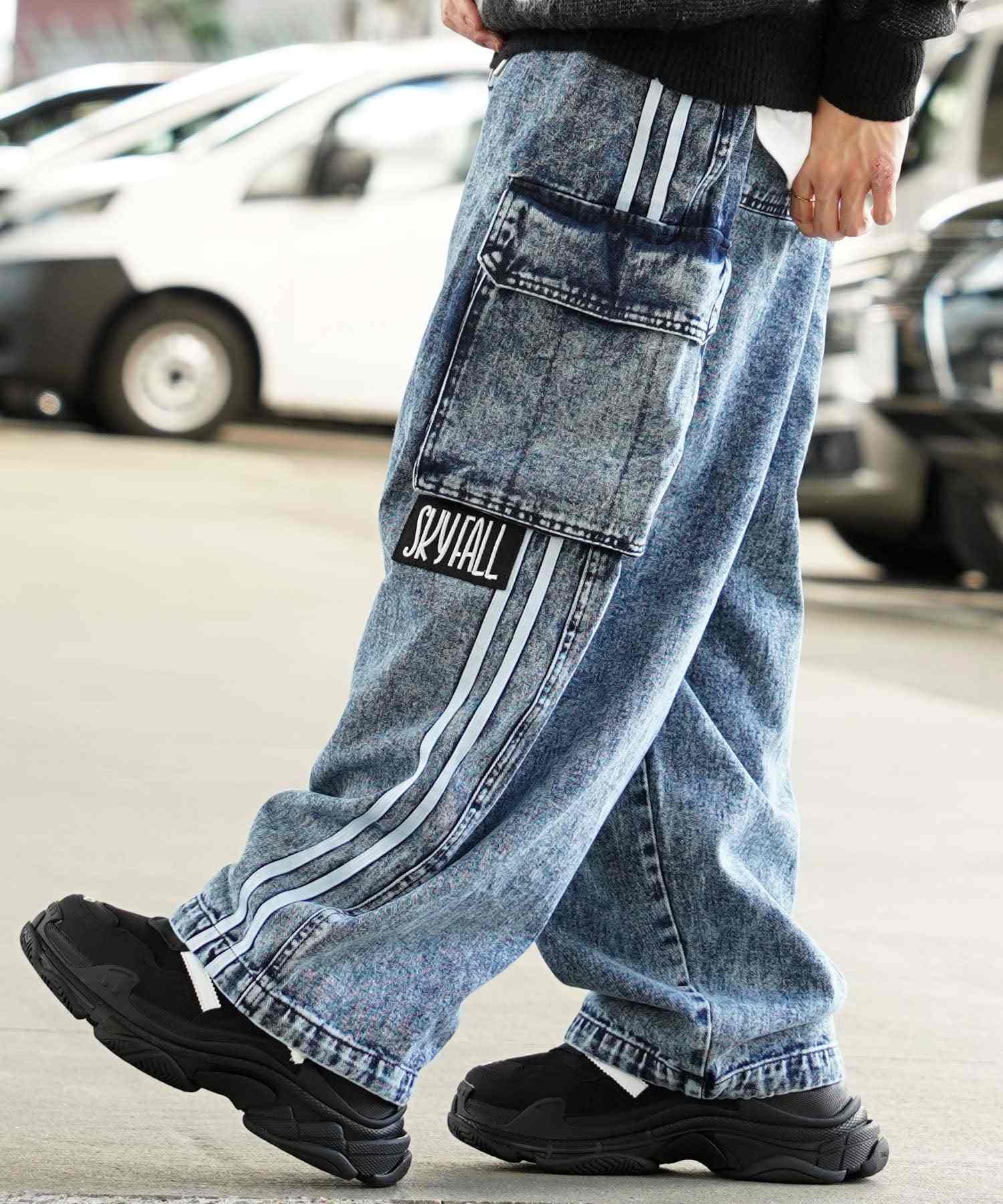 ワンフォークロージング 1111clothing ◆バルーンカーゴ ラインパンツ◆ オーバーサイズ デニム カーゴ パンツ メンズ ワイドデニム カーゴパンツ レディース ワイドパンツ カーゴデニム,BLUE CHEMICAL