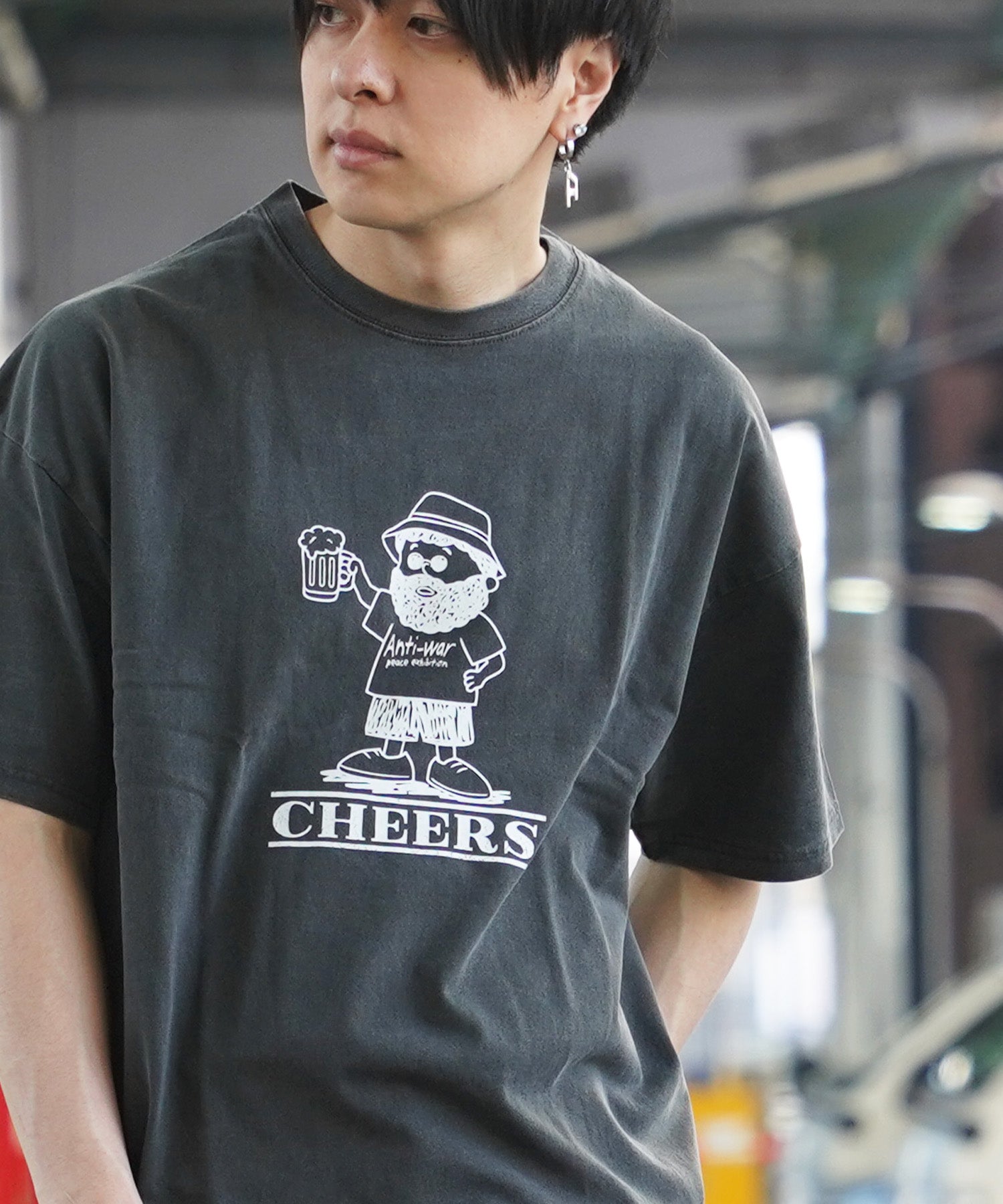 ワンフォークロージング 1111clothing オーバーサイズ tシャツ メンズ tシャツ レディース 半袖 綿100% ◆ピグメント イラストTシャツ◆ キャラ tシャツ プリントtシャツ バックプリント,BLACK(A)