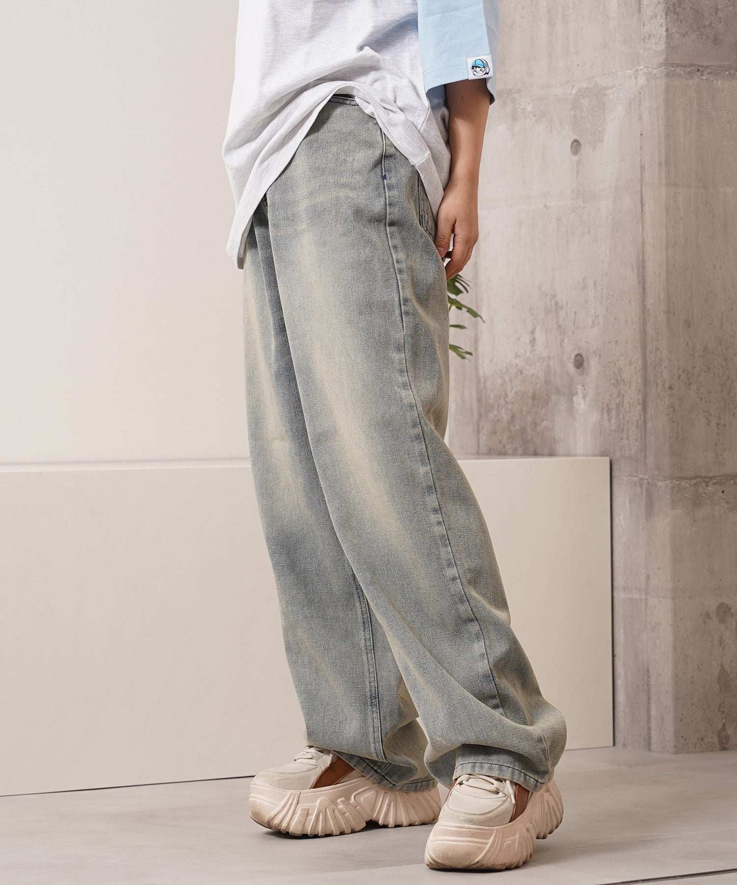 ワンフォークロージング 1111clothing 12ozデニム オーバーダイ バギーパンツ （BLUE） BLUE