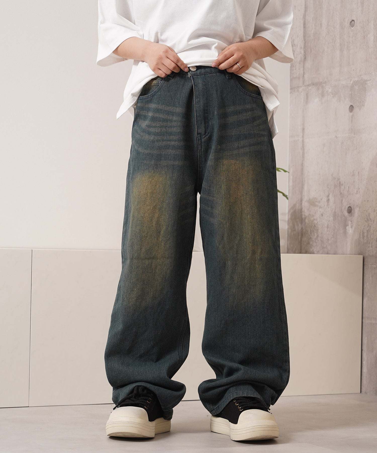 ワンフォークロージング 1111clothing 12ozデニム オーバーダイ バギーパンツ （BLUE） BLUE