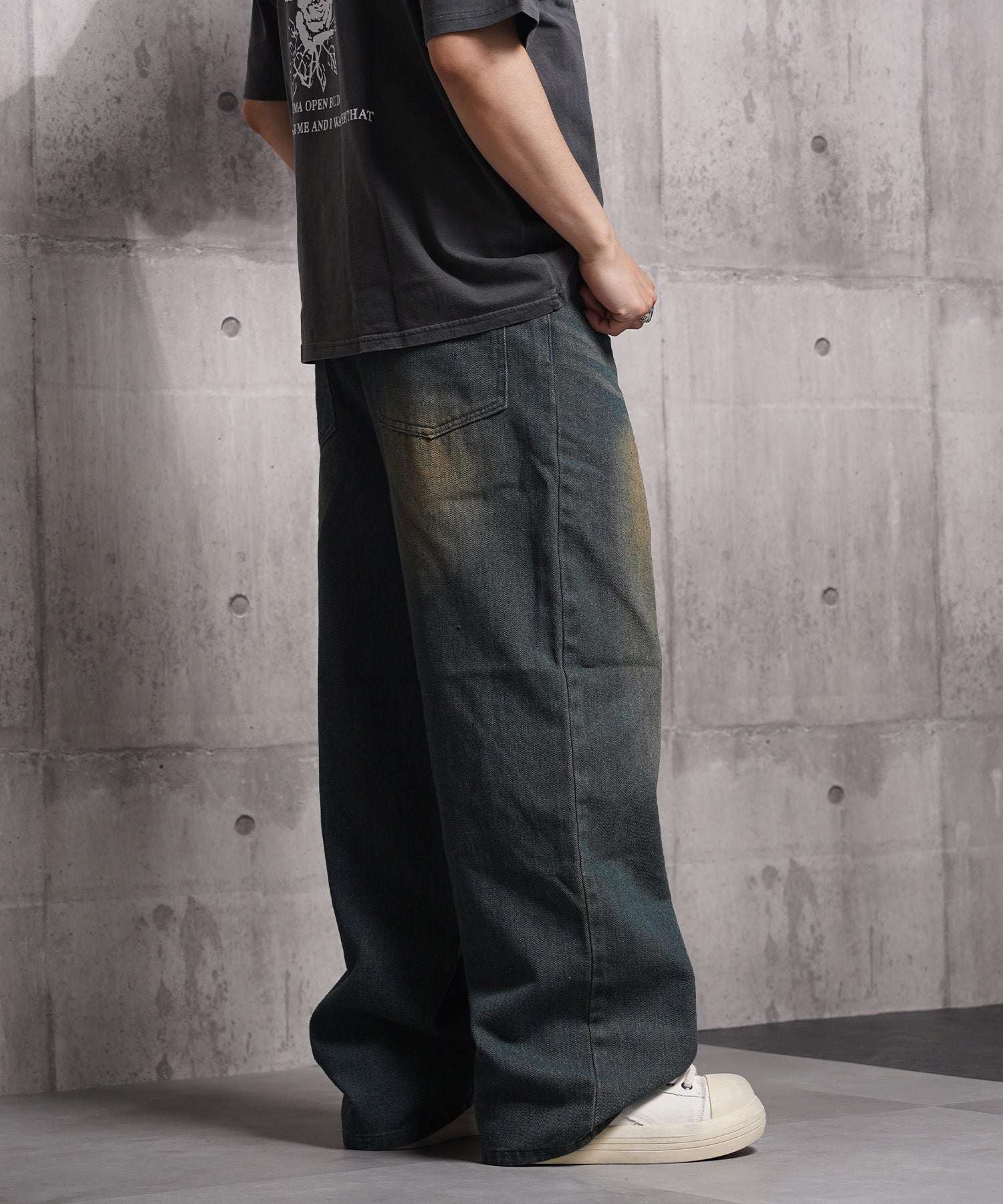 ワンフォークロージング 1111clothing 12ozデニム オーバーダイ バギーパンツ （BLUE） BLUE