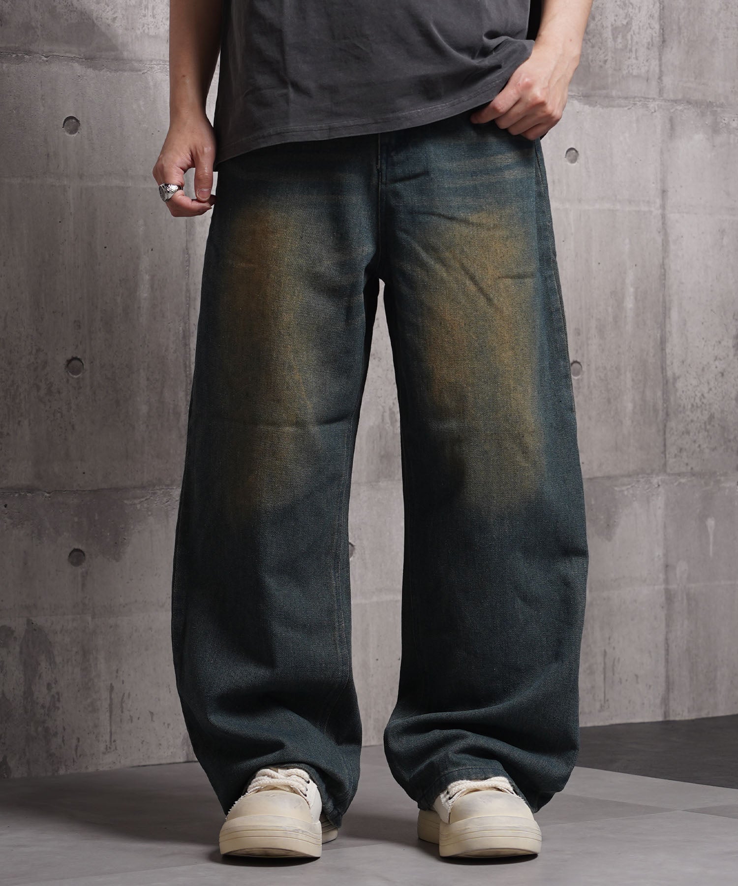 ワンフォークロージング 1111clothing 12ozデニム オーバーダイ バギーパンツ （NAVY） NAVY