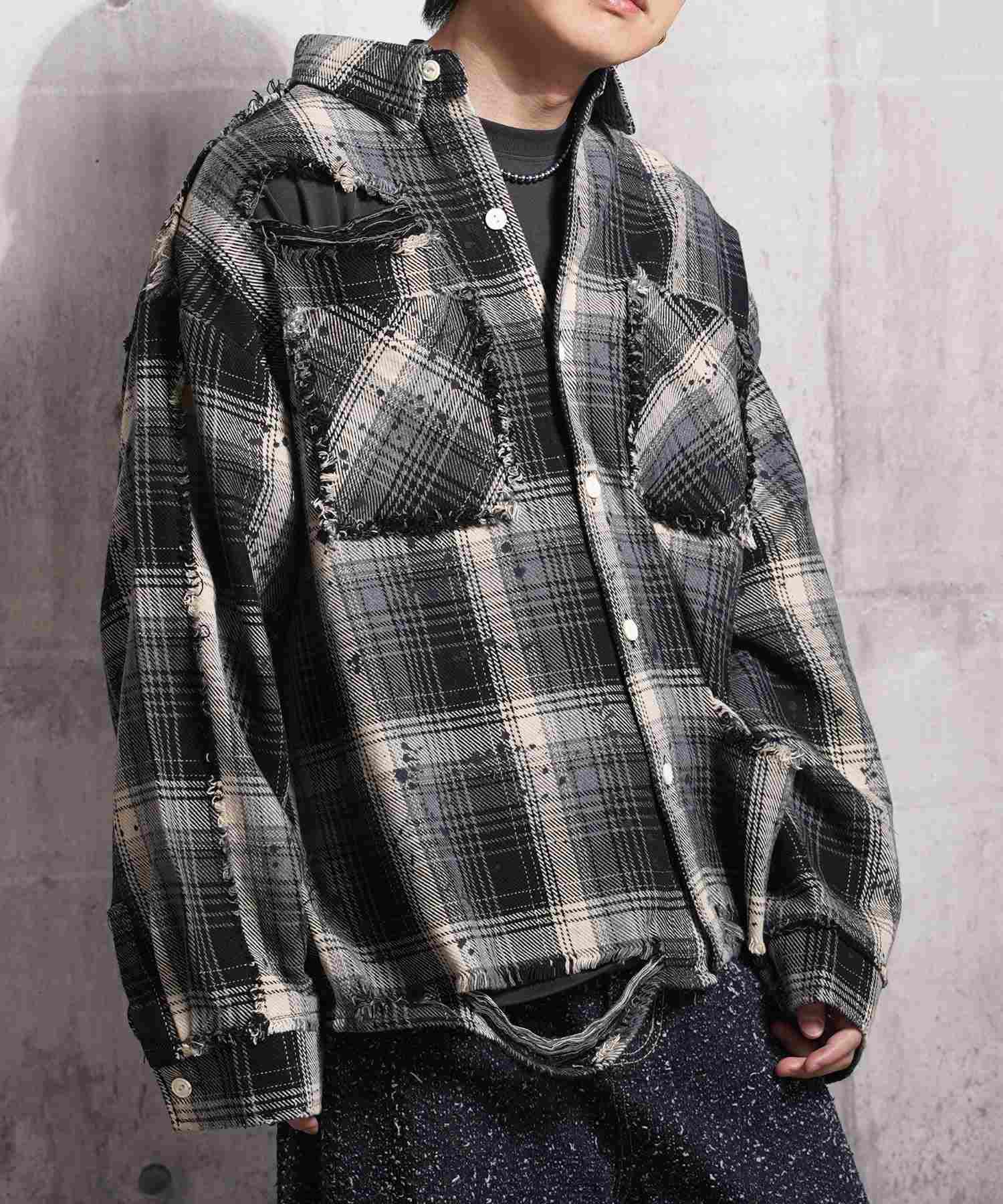 ワンフォークロージング 1111clothing グランジ加工 ダメージ ヘビーチェックシャツ （BLACK） BLACK
