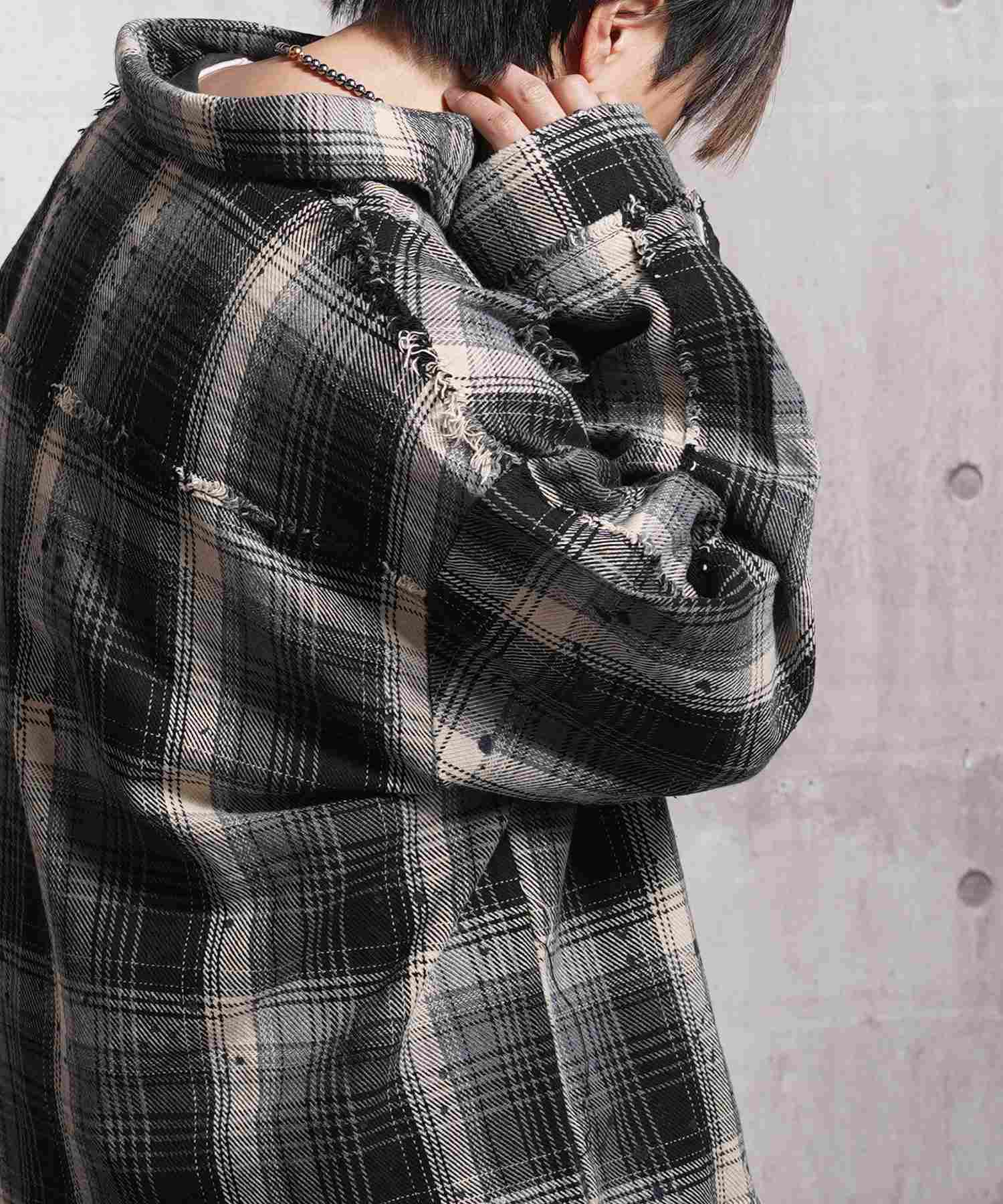 ワンフォークロージング 1111clothing グランジ加工 ダメージ ヘビーチェックシャツ （BLACK） BLACK