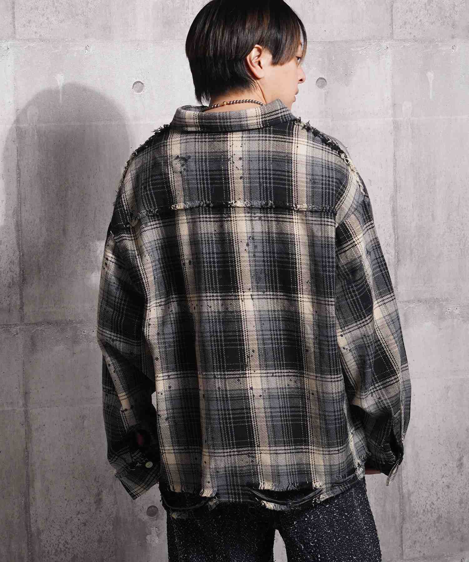 ワンフォークロージング 1111clothing グランジ加工 ダメージ ヘビーチェックシャツ （BLACK） BLACK