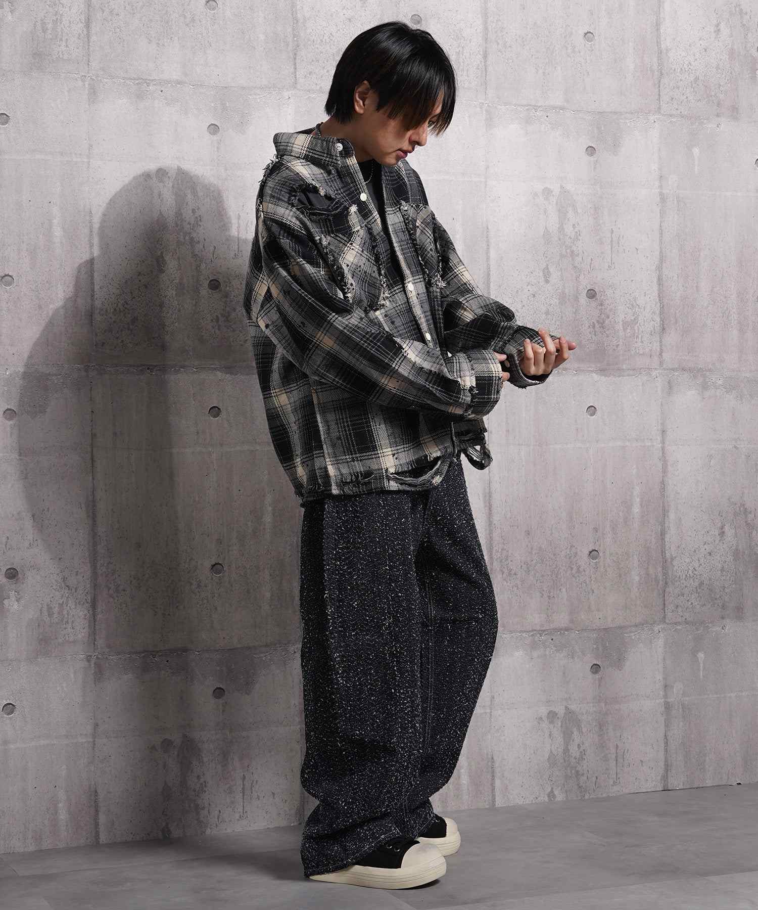 ワンフォークロージング 1111clothing グランジ加工 ダメージ ヘビーチェックシャツ （BLACK） BLACK