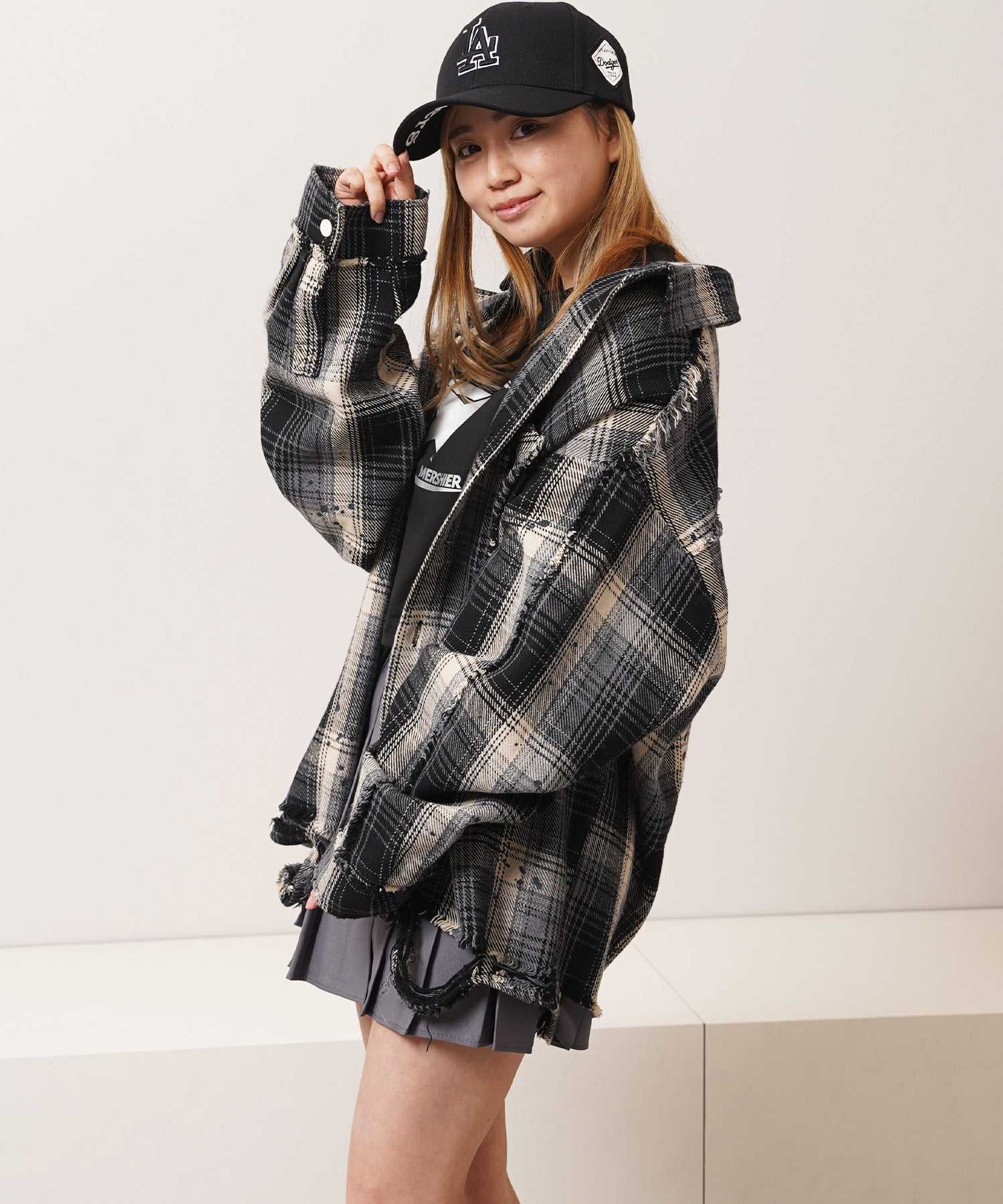 ワンフォークロージング 1111clothing グランジ加工 ダメージ ヘビーチェックシャツ （BLACK） BLACK