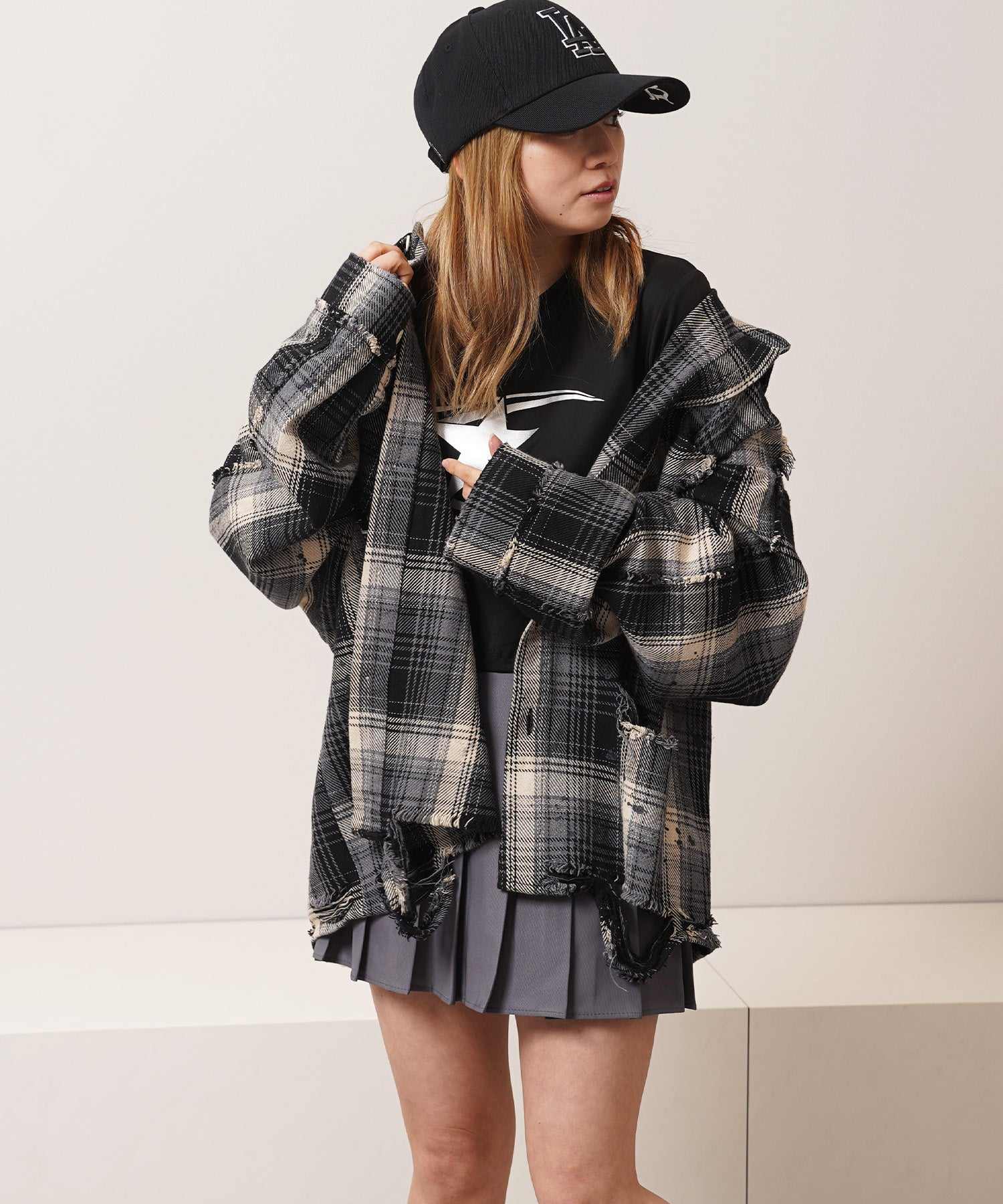 ワンフォークロージング 1111clothing グランジ加工 ダメージ ヘビーチェックシャツ （BLACK） BLACK