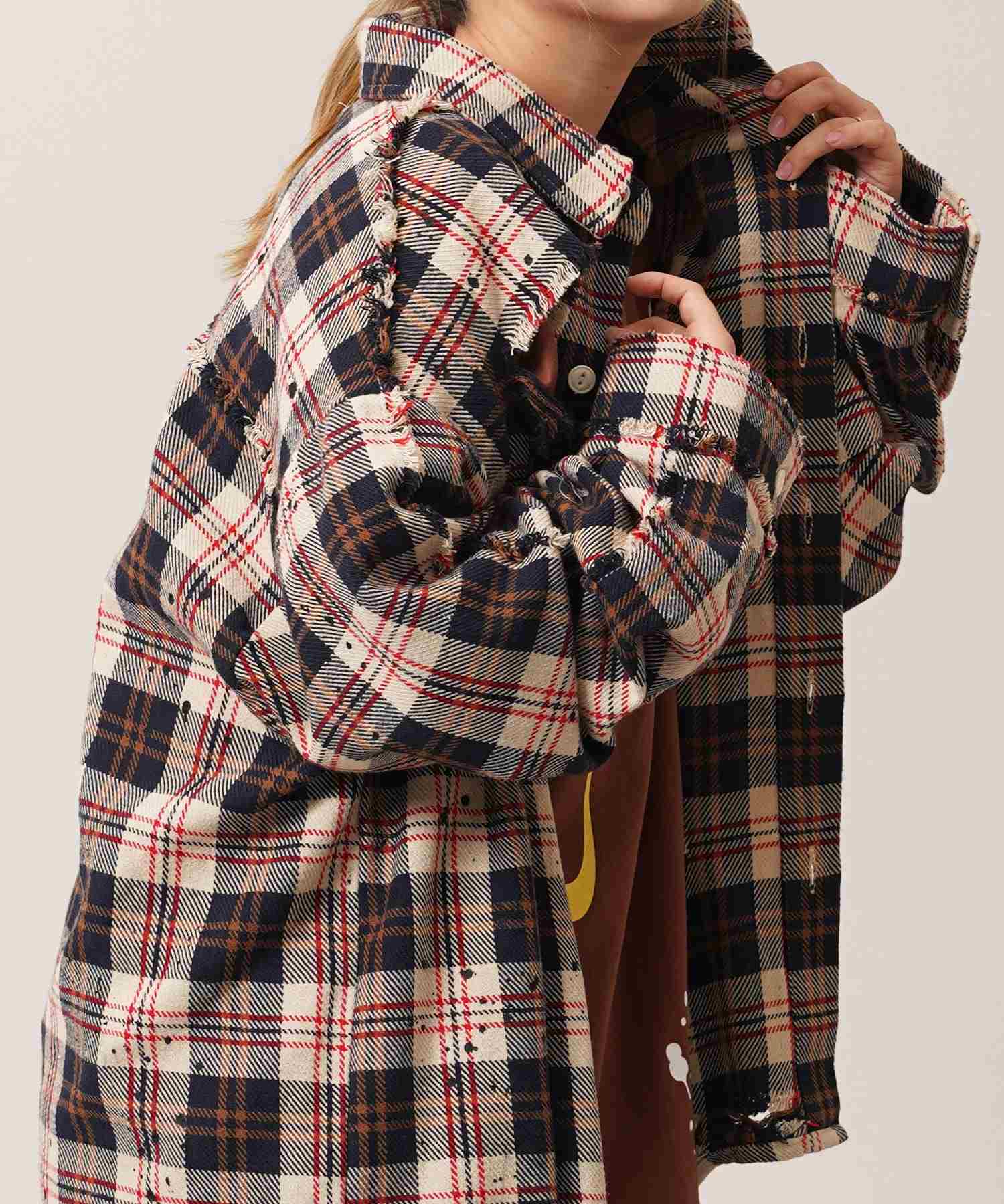 ワンフォークロージング 1111clothing グランジ加工 ダメージ ヘビーチェックシャツ （BLACK） BLACK