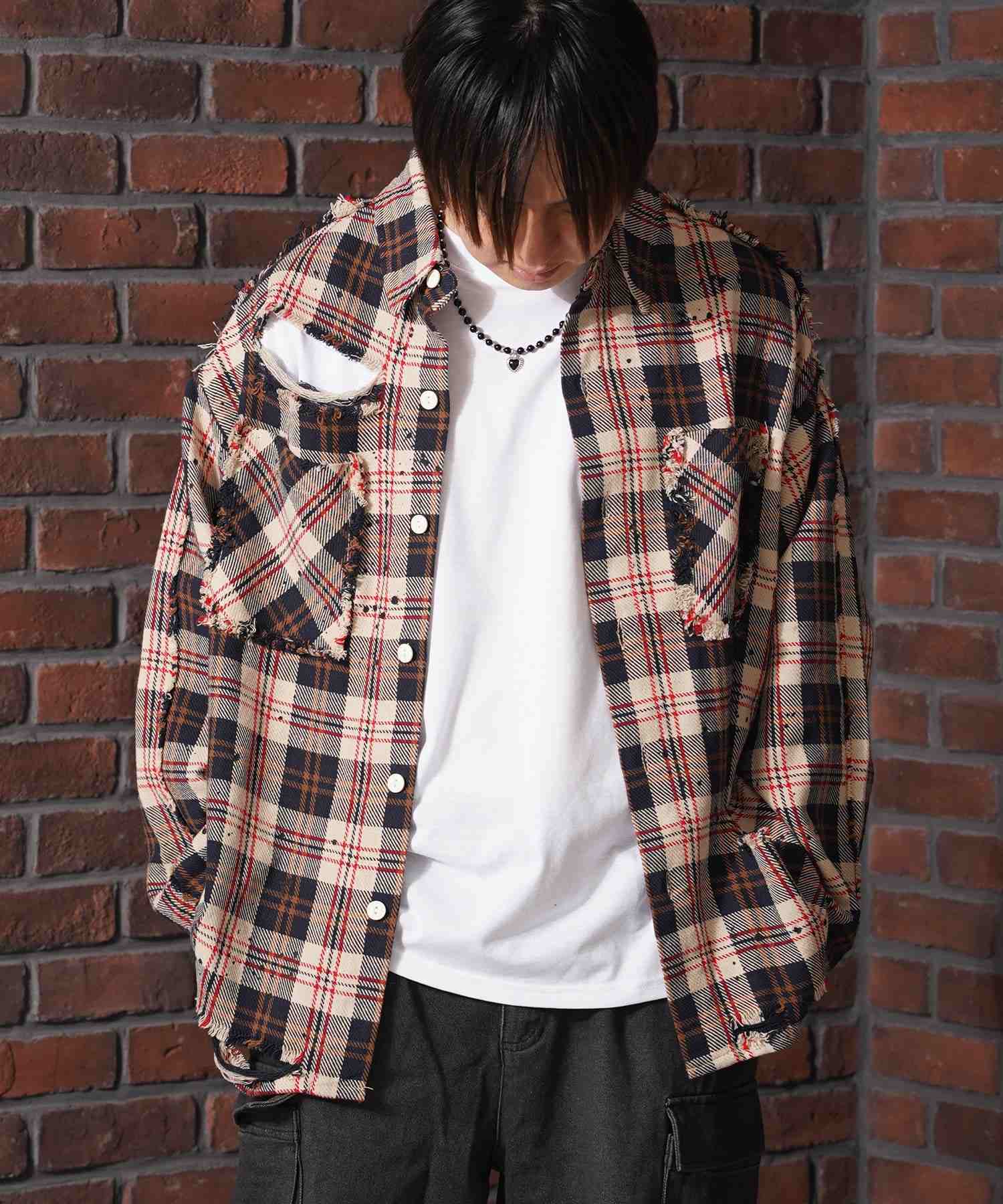 ワンフォークロージング 1111clothing グランジ加工 ダメージ ヘビーチェックシャツ （BLACK） BLACK