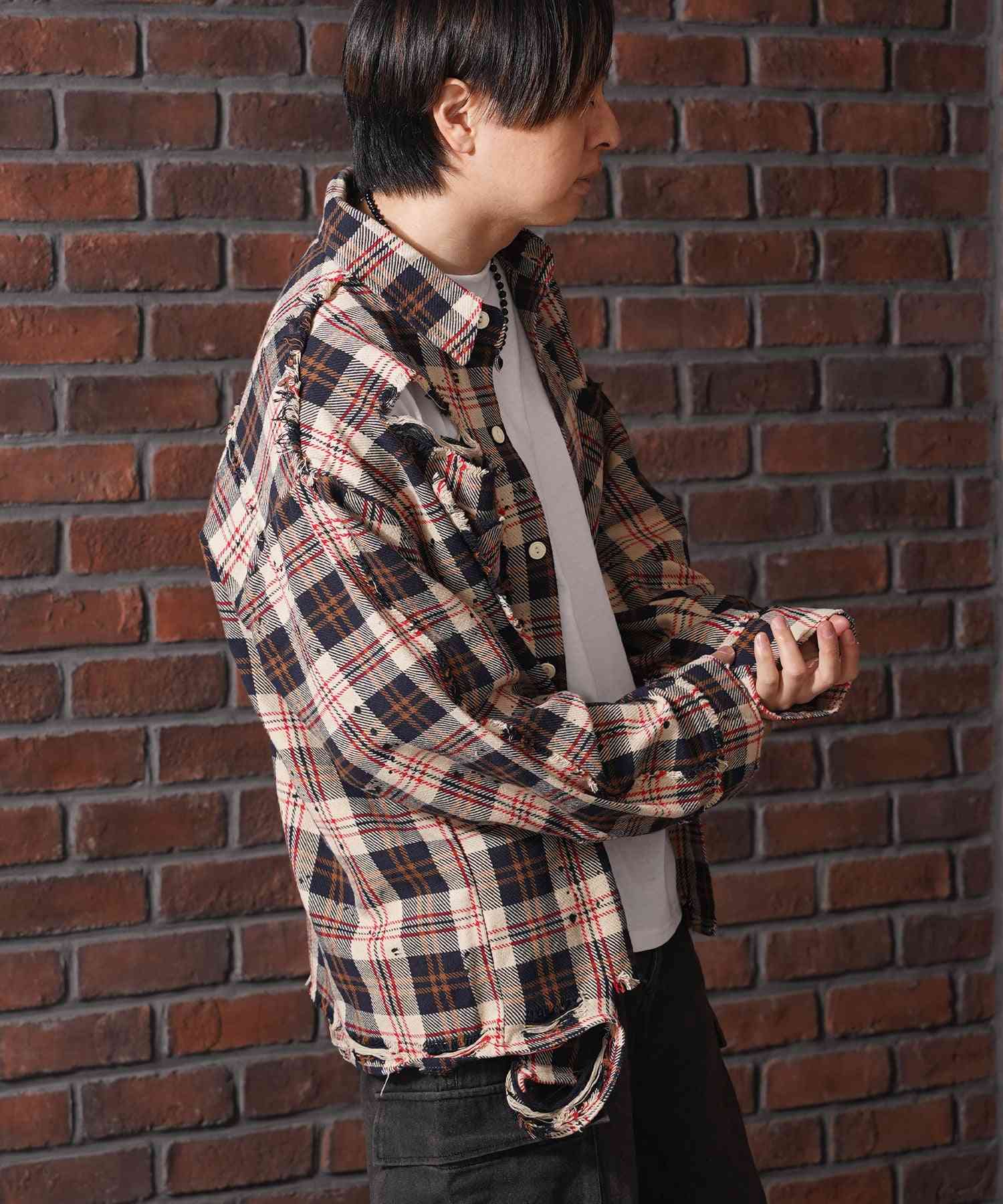 ワンフォークロージング 1111clothing グランジ加工 ダメージ ヘビーチェックシャツ （BLACK） BLACK