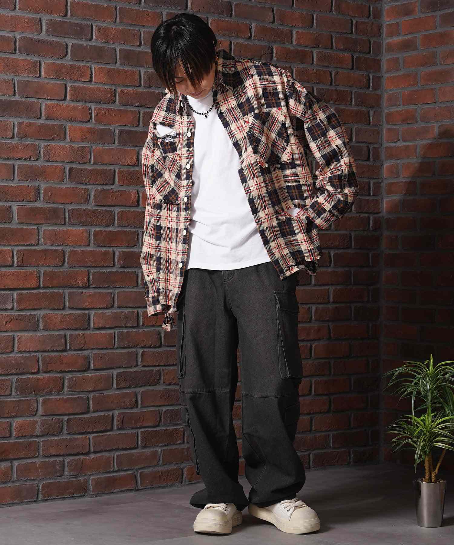 ワンフォークロージング 1111clothing グランジ加工 ダメージ ヘビーチェックシャツ （BLACK） BLACK