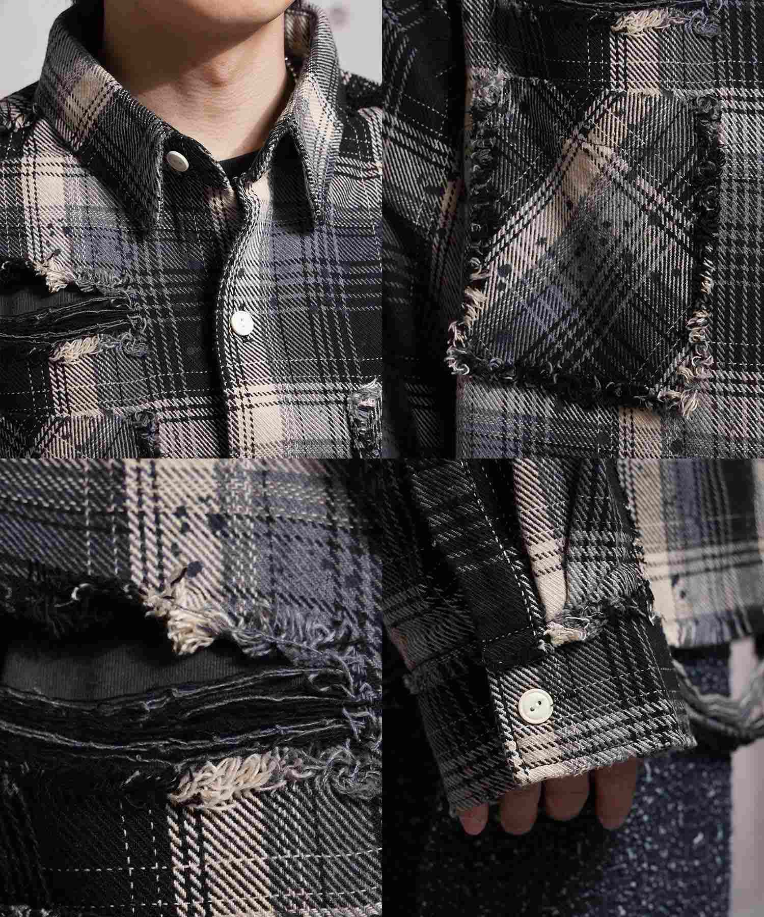 ワンフォークロージング 1111clothing グランジ加工 ダメージ ヘビーチェックシャツ （BLACK） BLACK