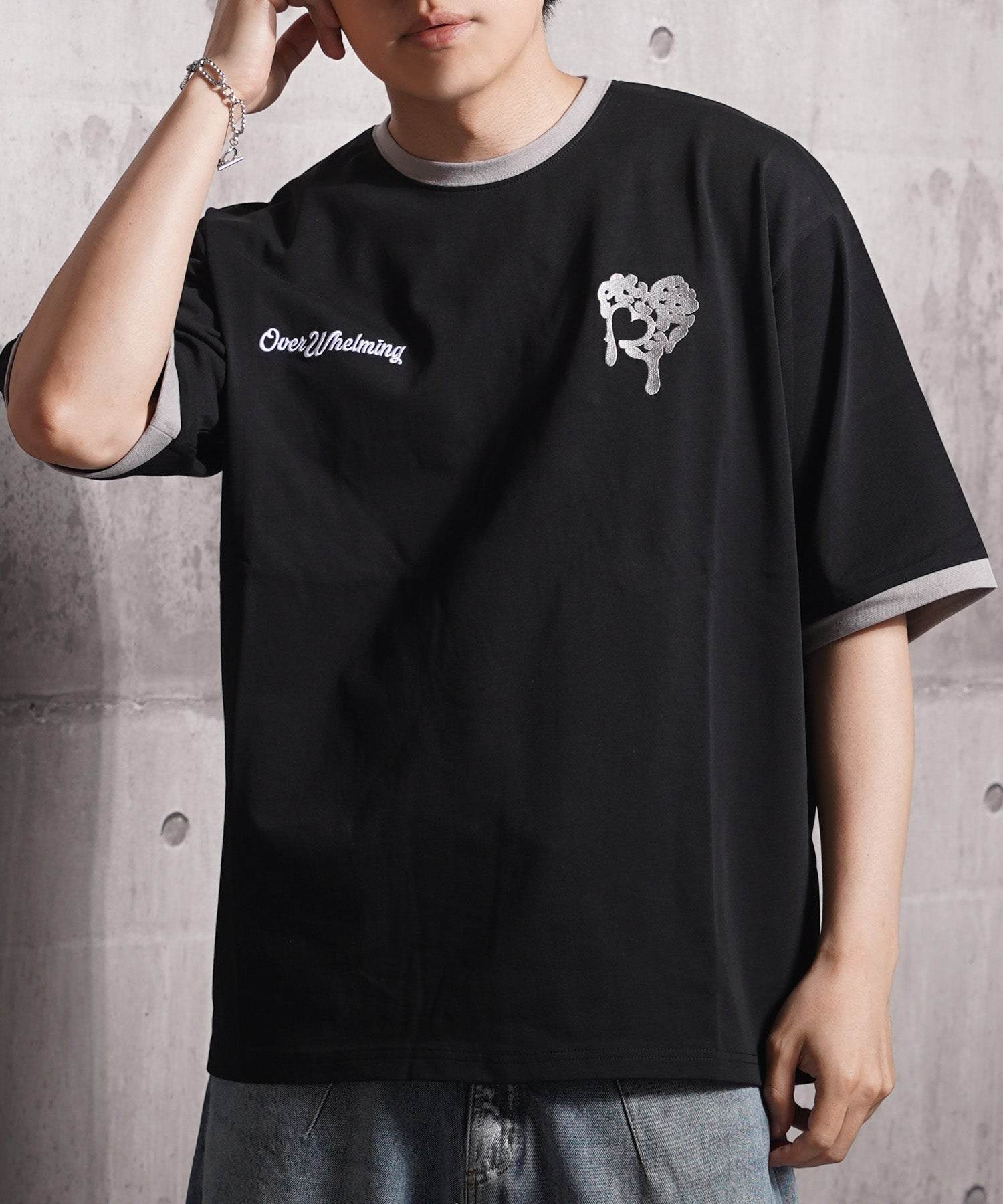 ワンフォークロージング 1111clothing ドリップハート サガラ刺繍 リンガーTシャツ （BLACK） BLACK