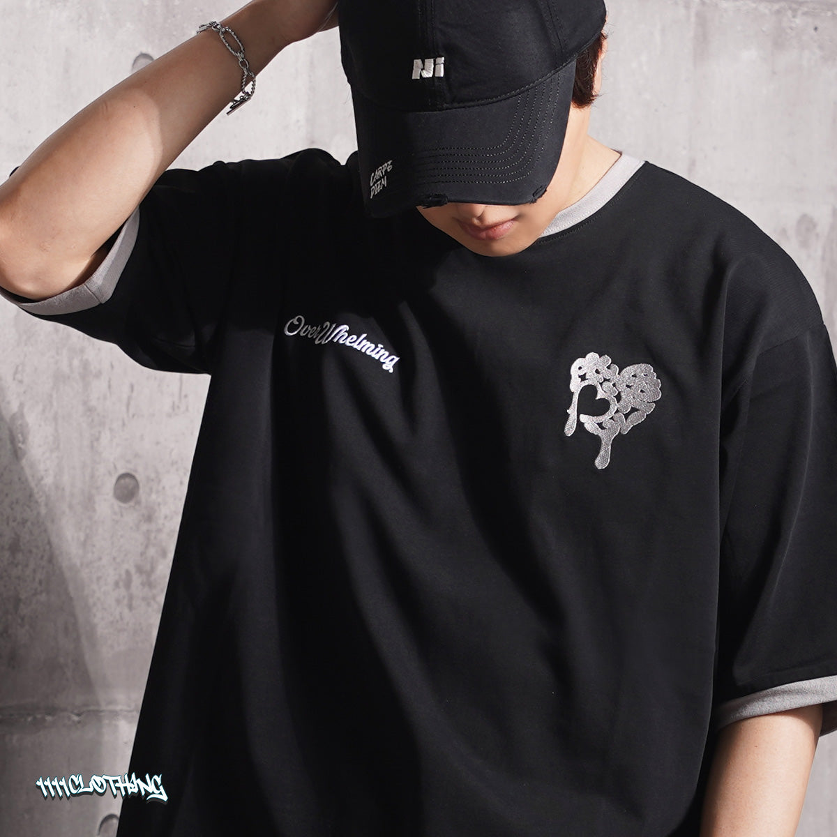 ワンフォークロージング 1111clothing ドリップハート サガラ刺繍 リンガーTシャツ （BLACK） BLACK