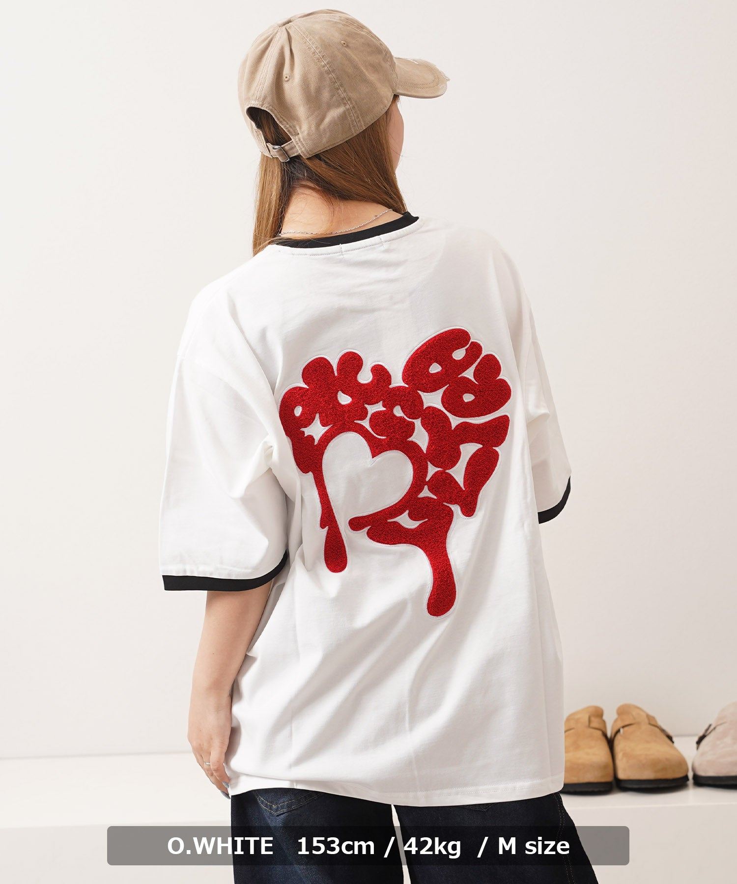 ワンフォークロージング 1111clothing ドリップハート サガラ刺繍 リンガーTシャツ （BLACK） BLACK
